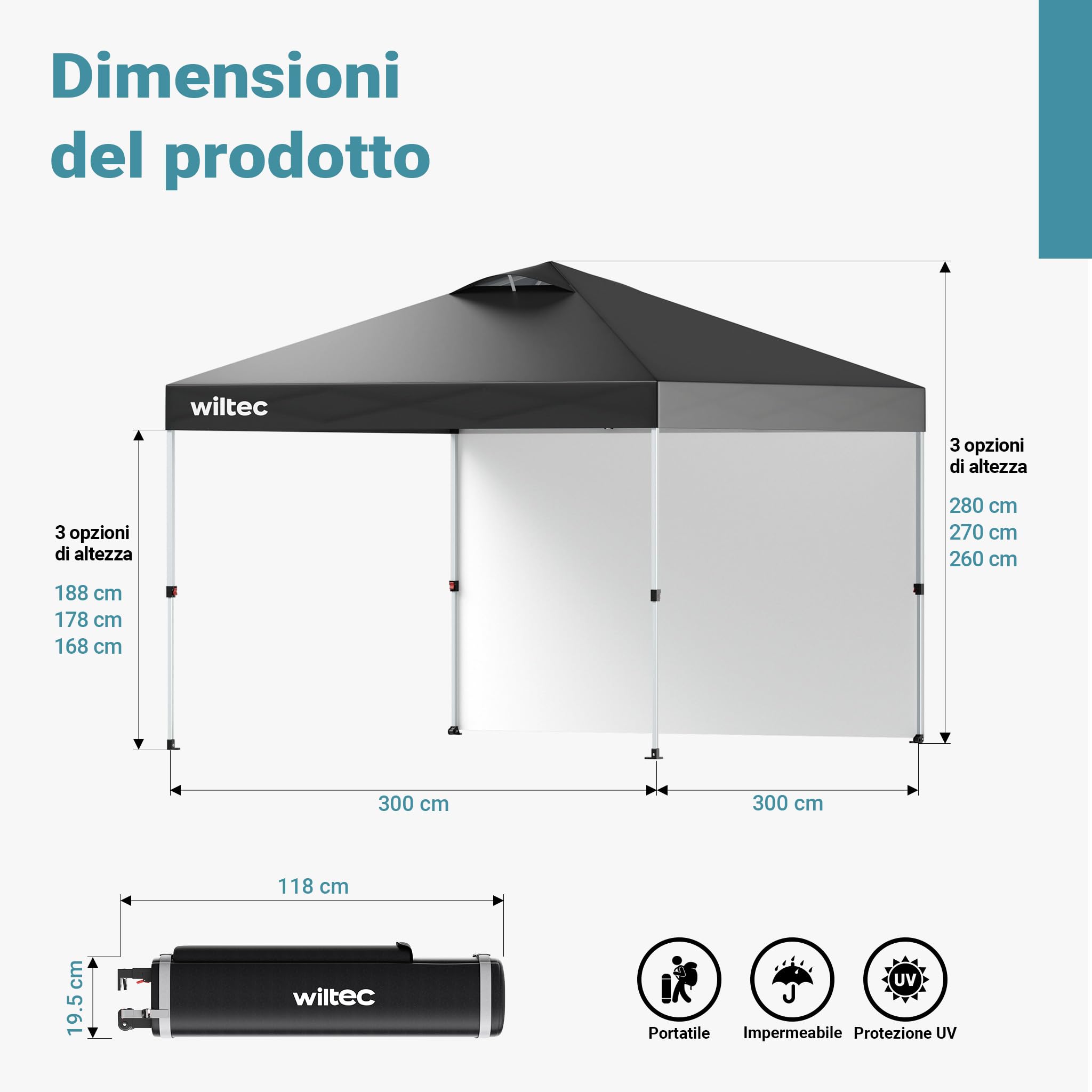 Wiltec Gazebo Pieghevole 3x3 m Grigio con Parete e Ruote