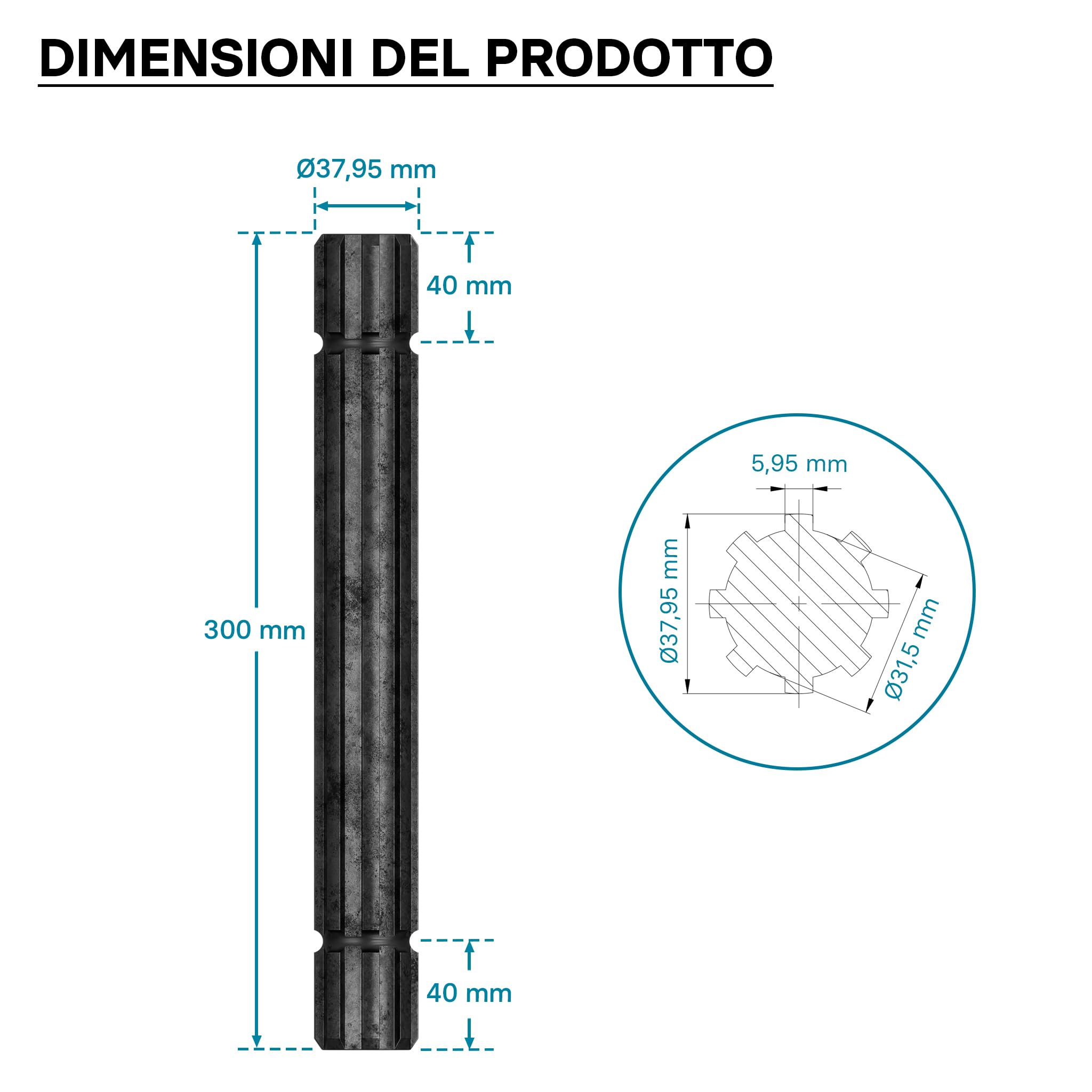 Wiltec GT2 Albero Scanalato Cardano 300 mm 8 Denti 1 1/2"