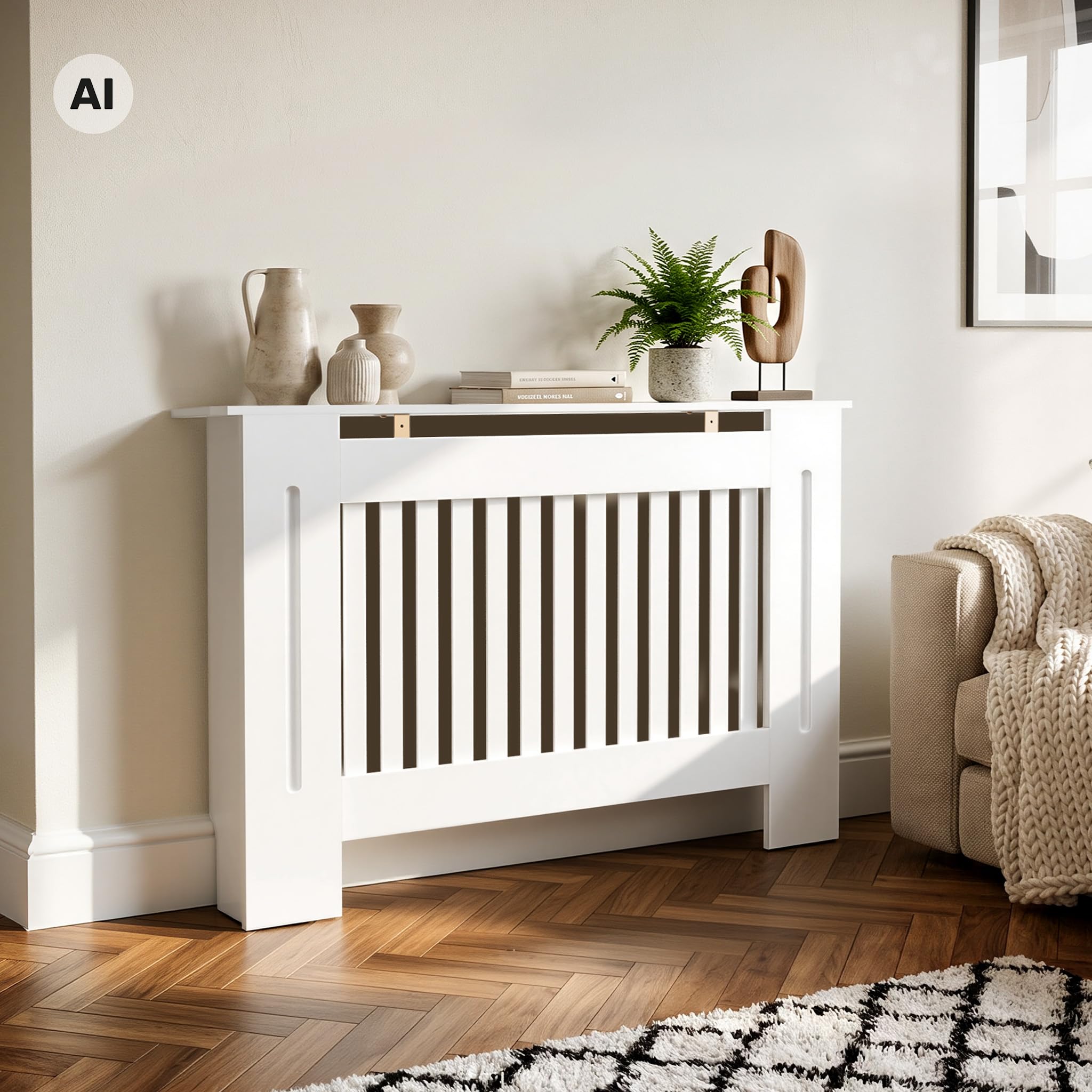 Wiltec Copritermosifone a Doghe MDF Bianco 112x19x82 cm