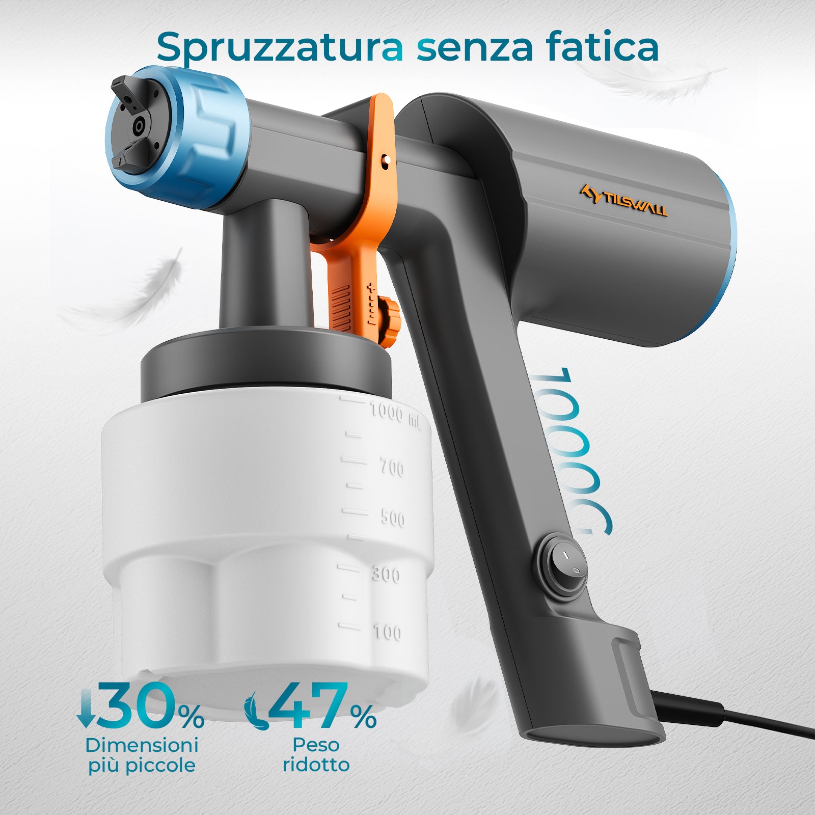Tilswall Pistola Verniciare Elettrica 1000 ml 3 Ugelli