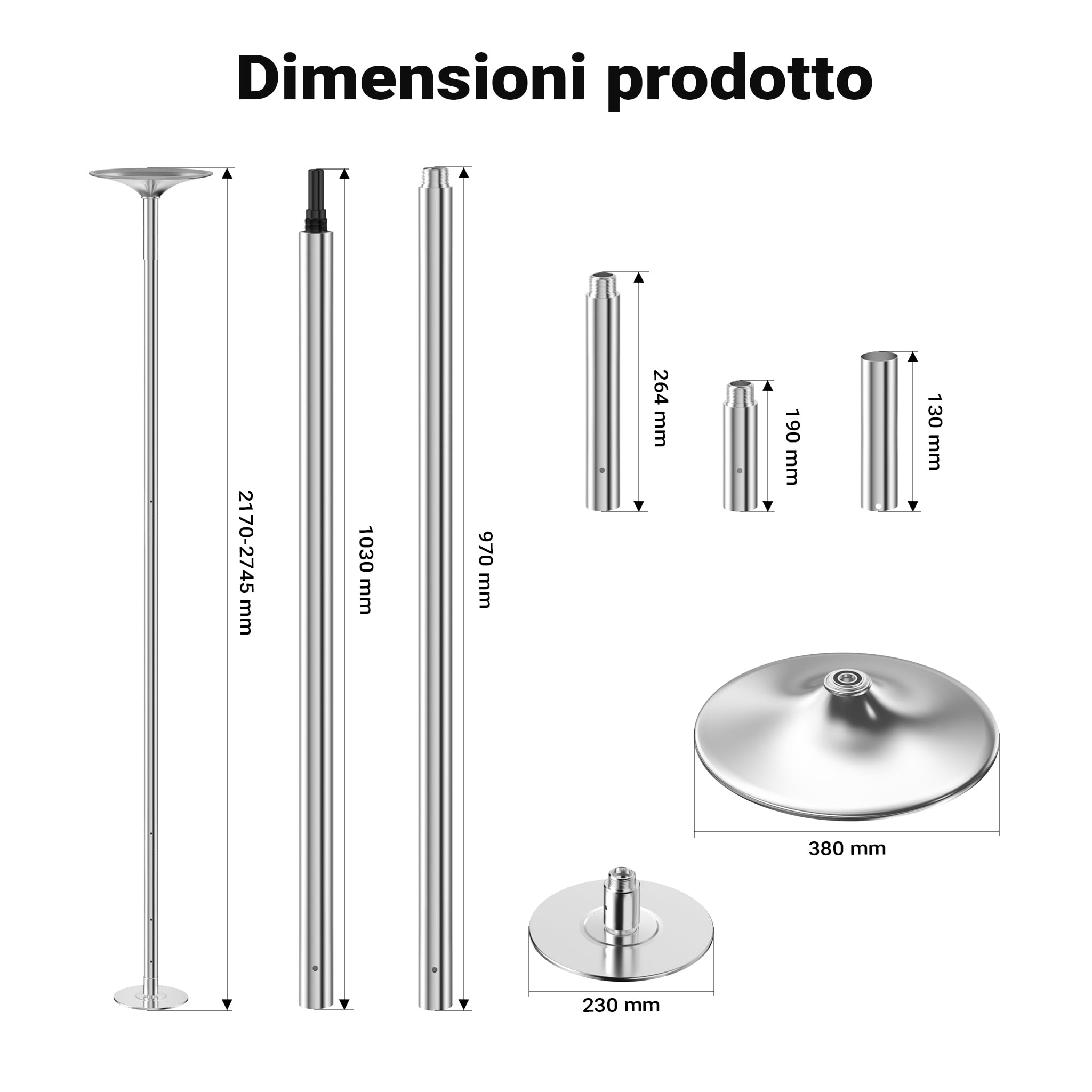Wiltec palo pole dance 45 mm acciaio 2,31-2,74 m