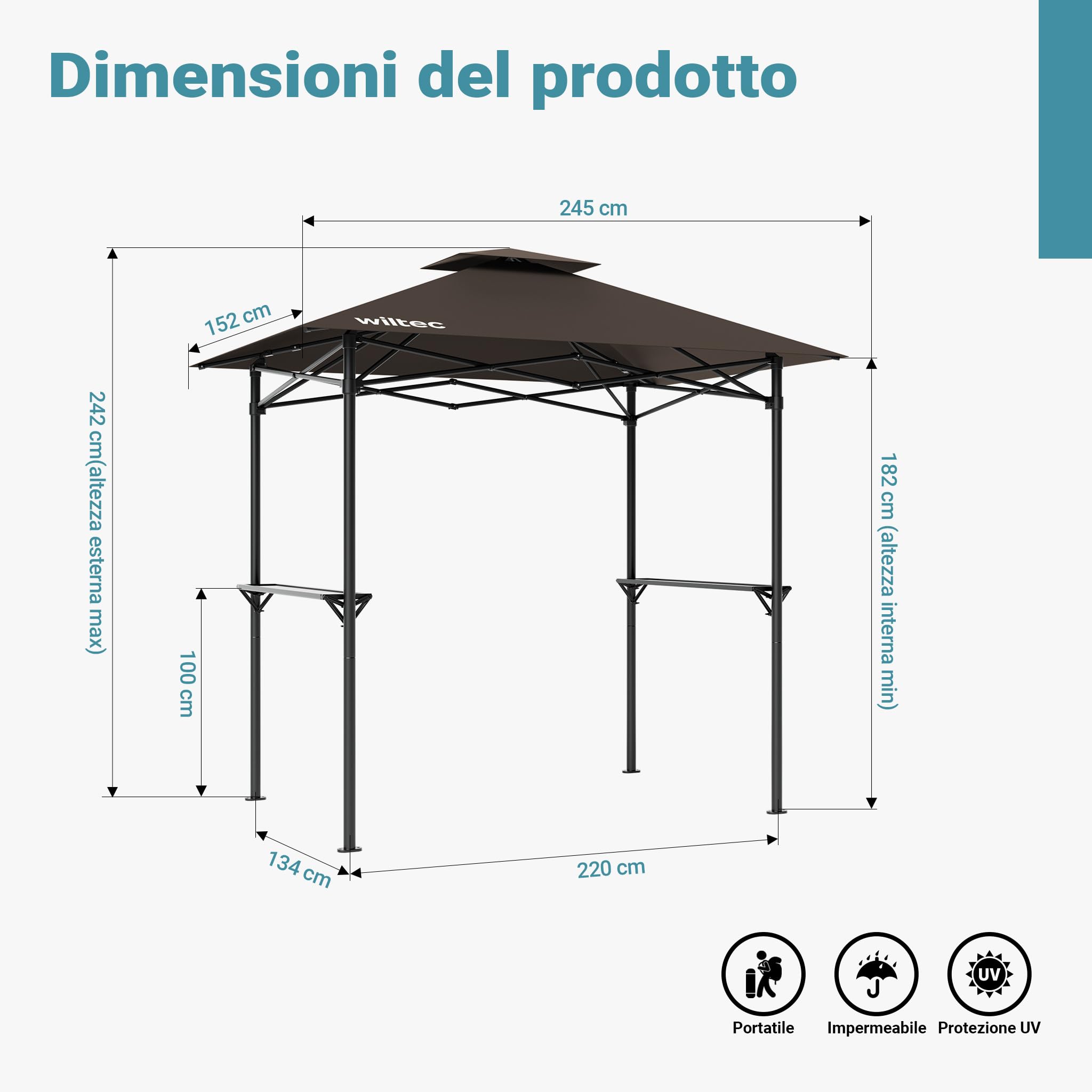 Wiltec gazebo barbecue 2,45x1,52 m caffe con ripiani telo UV50+