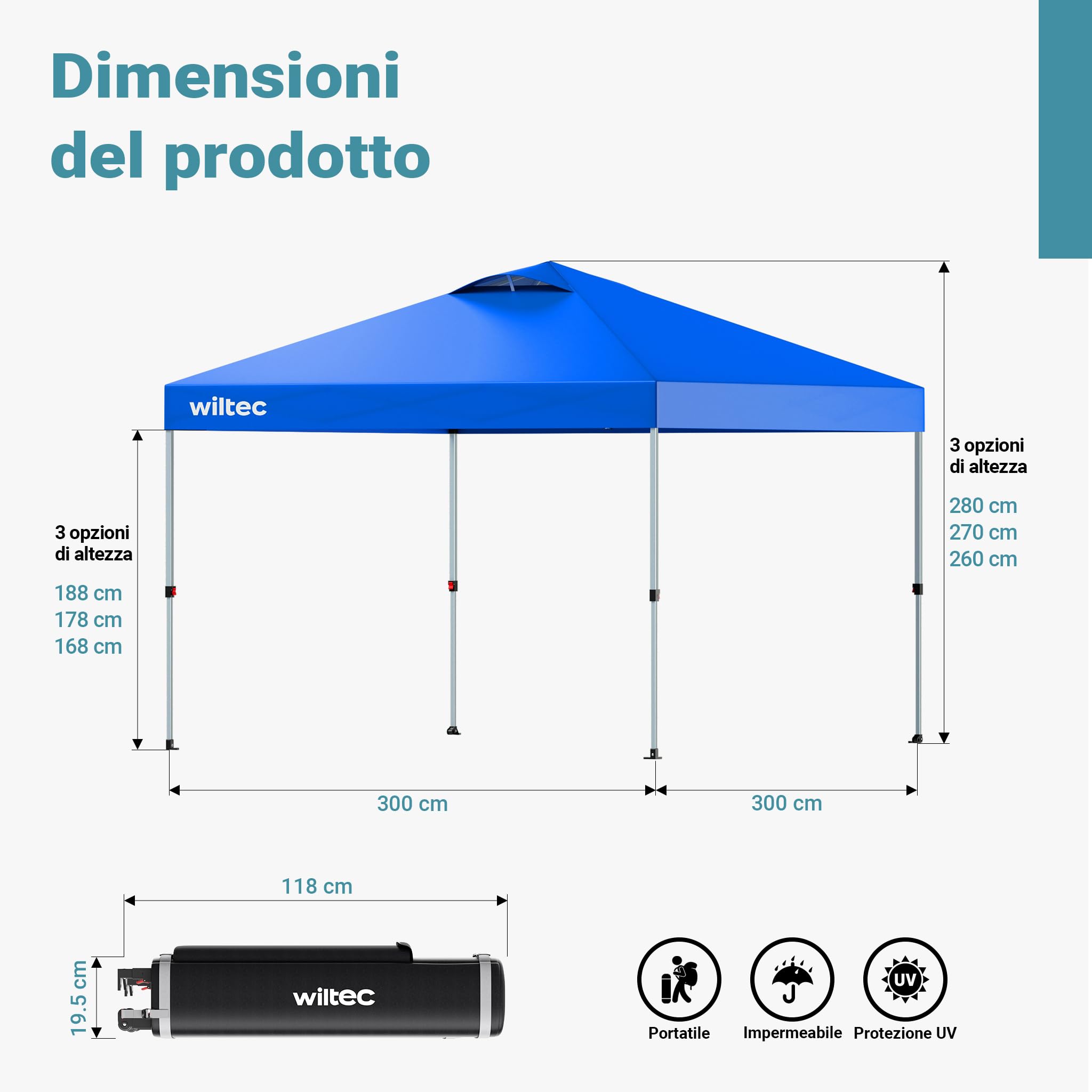 Wiltec Gazebo Pop-Up 3x3 m Blu Impermeabile