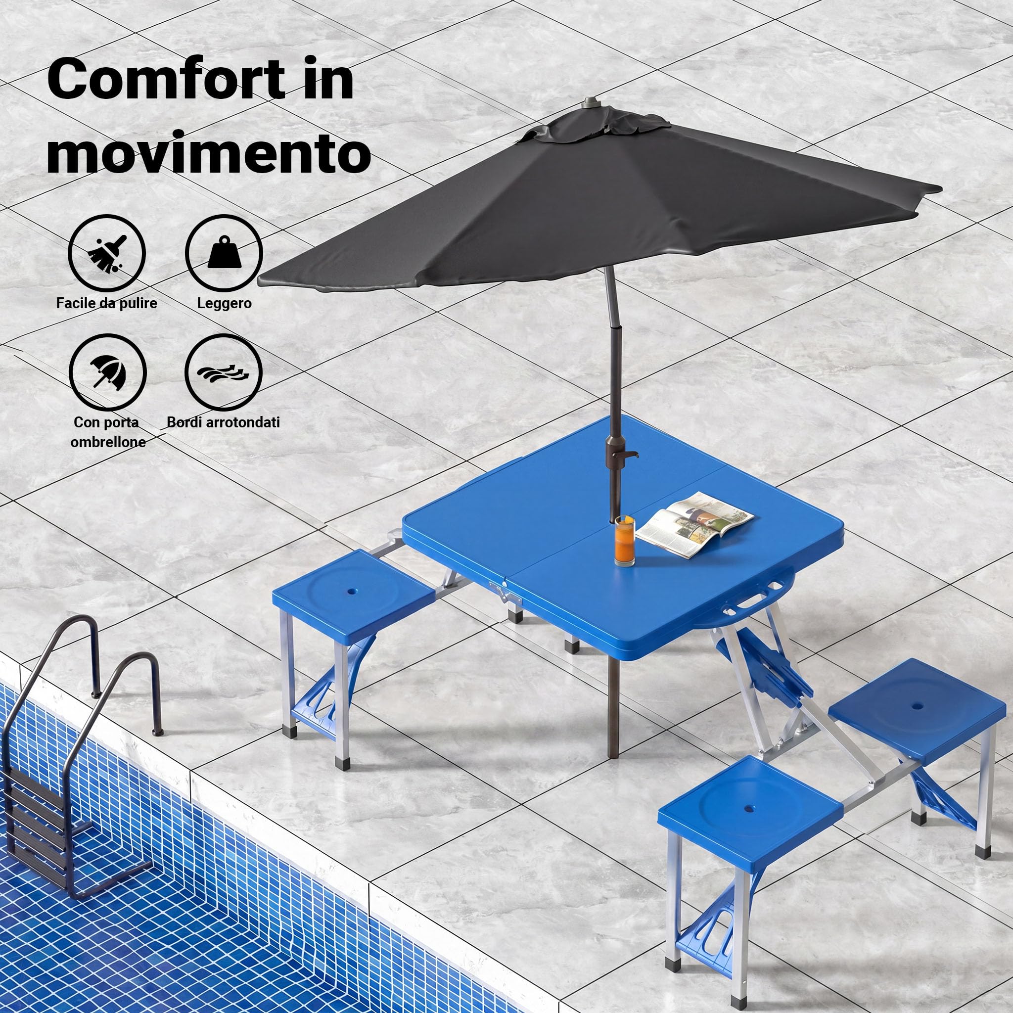 Wiltec tavolo campeggio pieghevole 4 sedie 133 cm