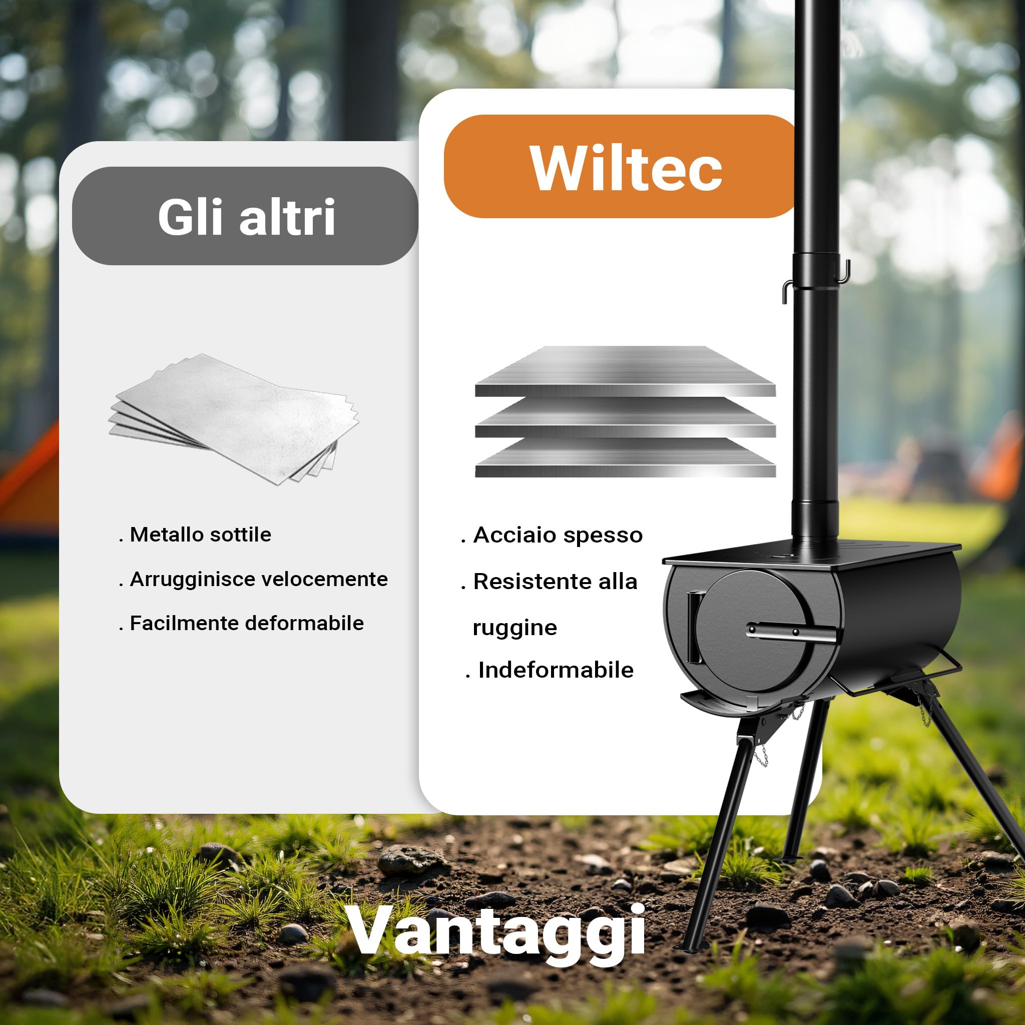 Wiltec Stufa a Legna Campeggio Acciaio 85x57,5x238 cm