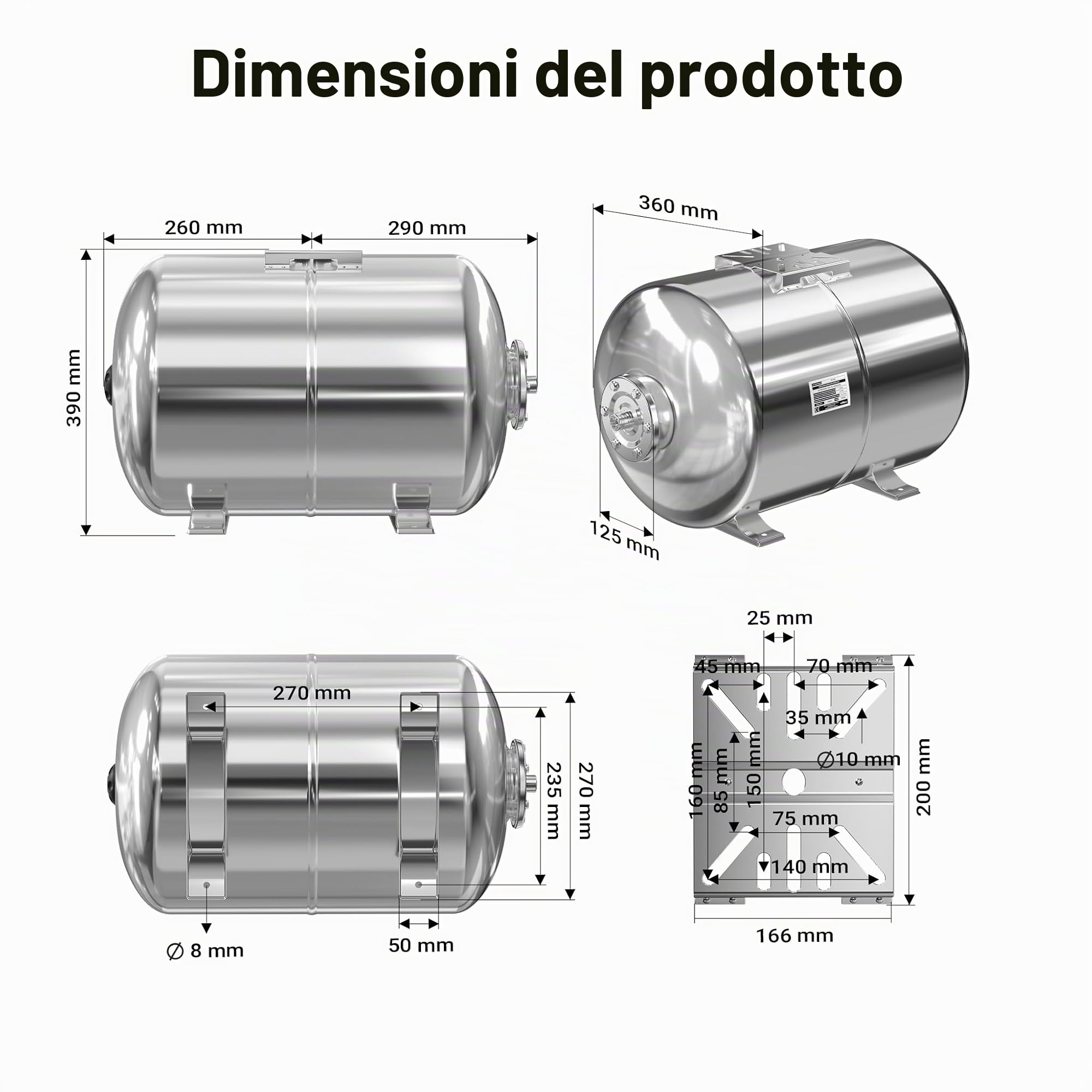 Wiltec Vaso di espansione 50 L orizzontale inox EPDM