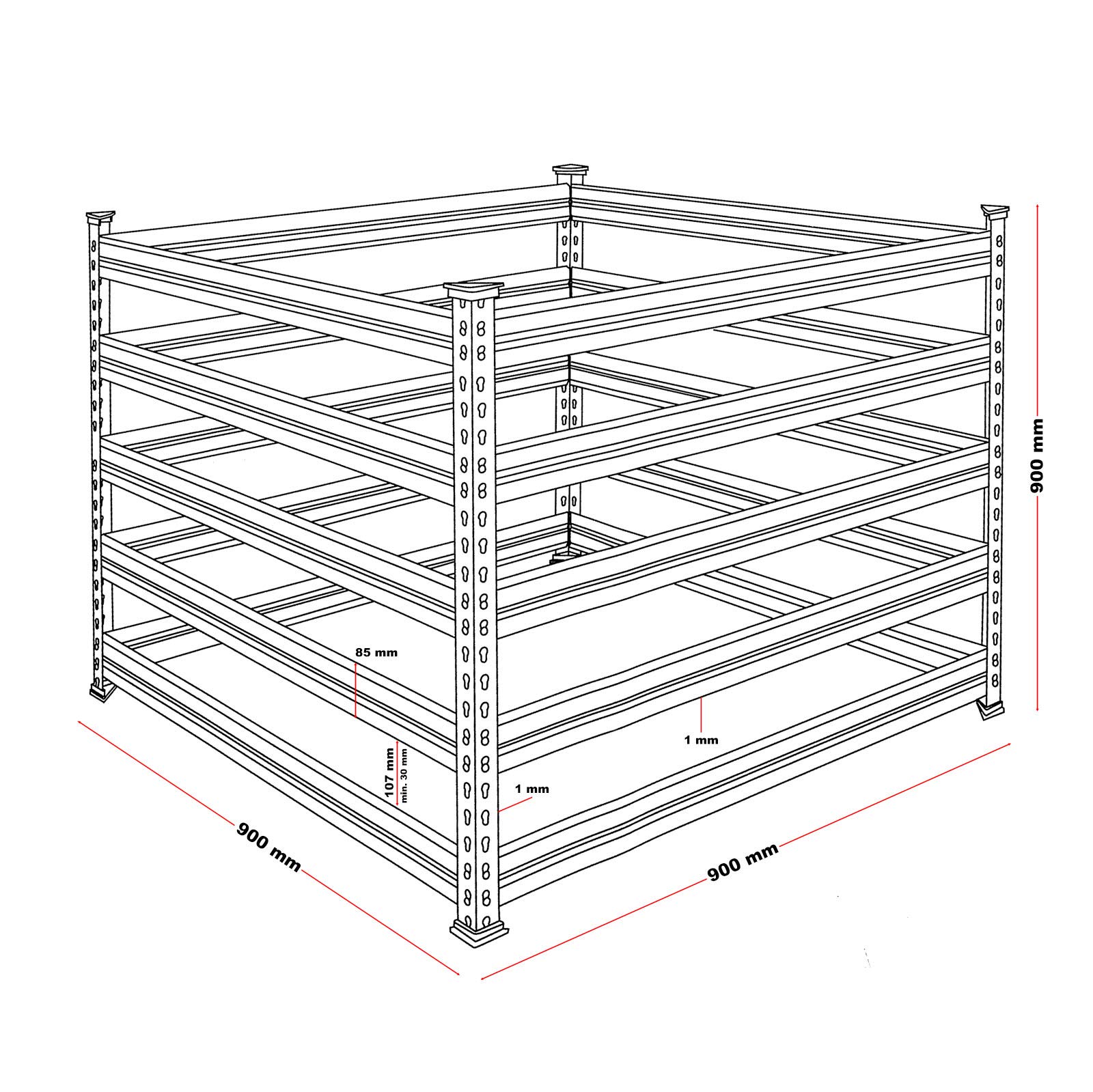 Wiltec Compostiera Giardino 90x90x90 cm 720 Litri Zincata