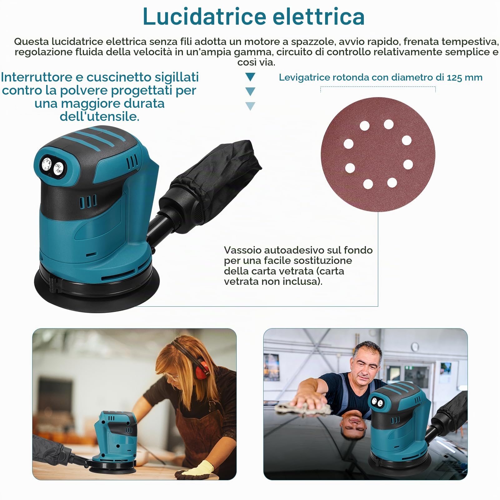 Weytoll Levigatrice rotoorbitale 125 mm per Makita 18V