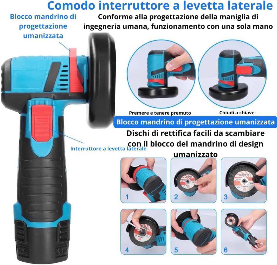 DE ROSA SHOP Set Trapano Smerigliatrice 48V 2 Batterie 4 Dischi