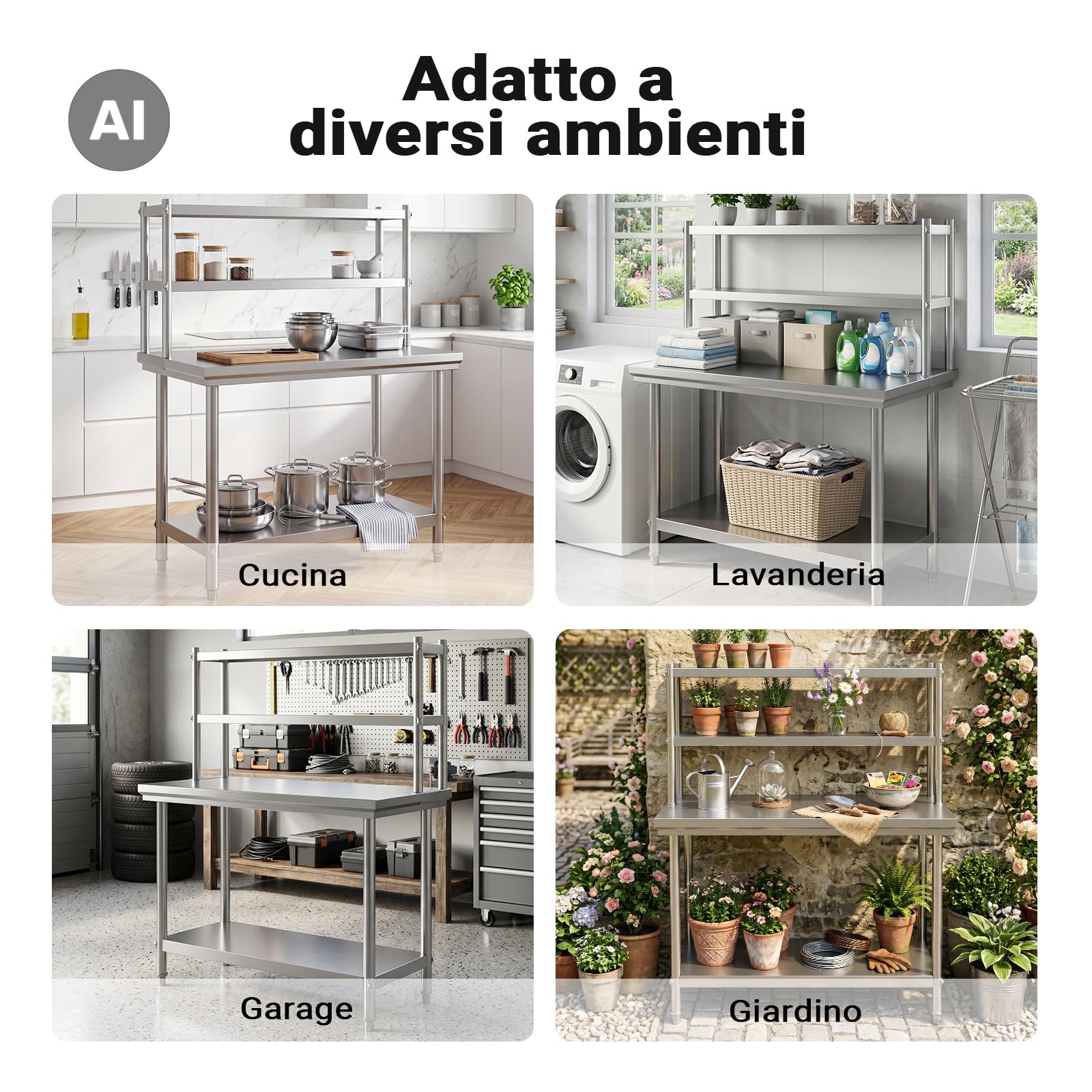Wiltec Tavolo Lavoro Acciaio Inox 120x60x145 cm 2 Ripiani