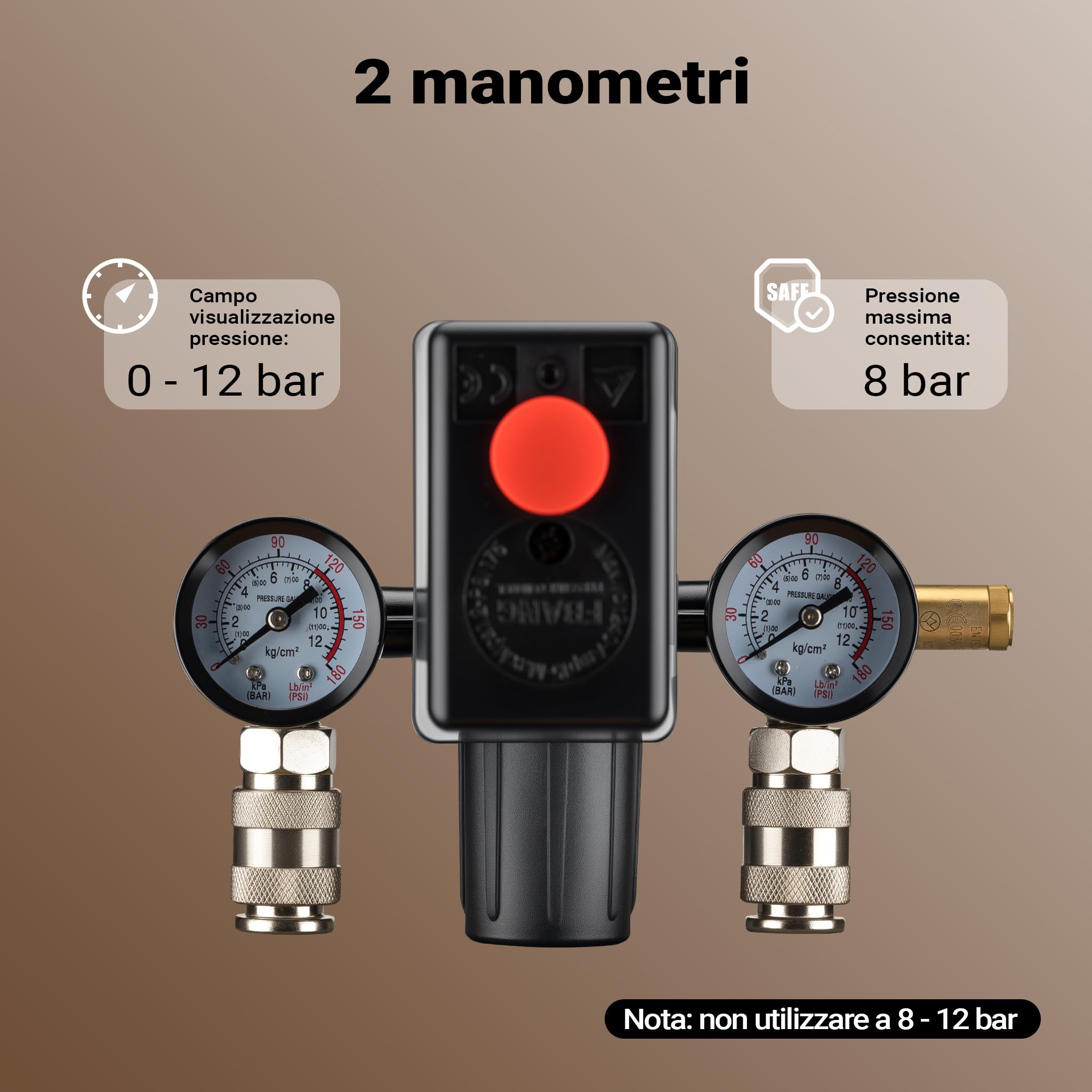 Wiltec regolatore pressione pressostato compressore 8 bar 2 manometri