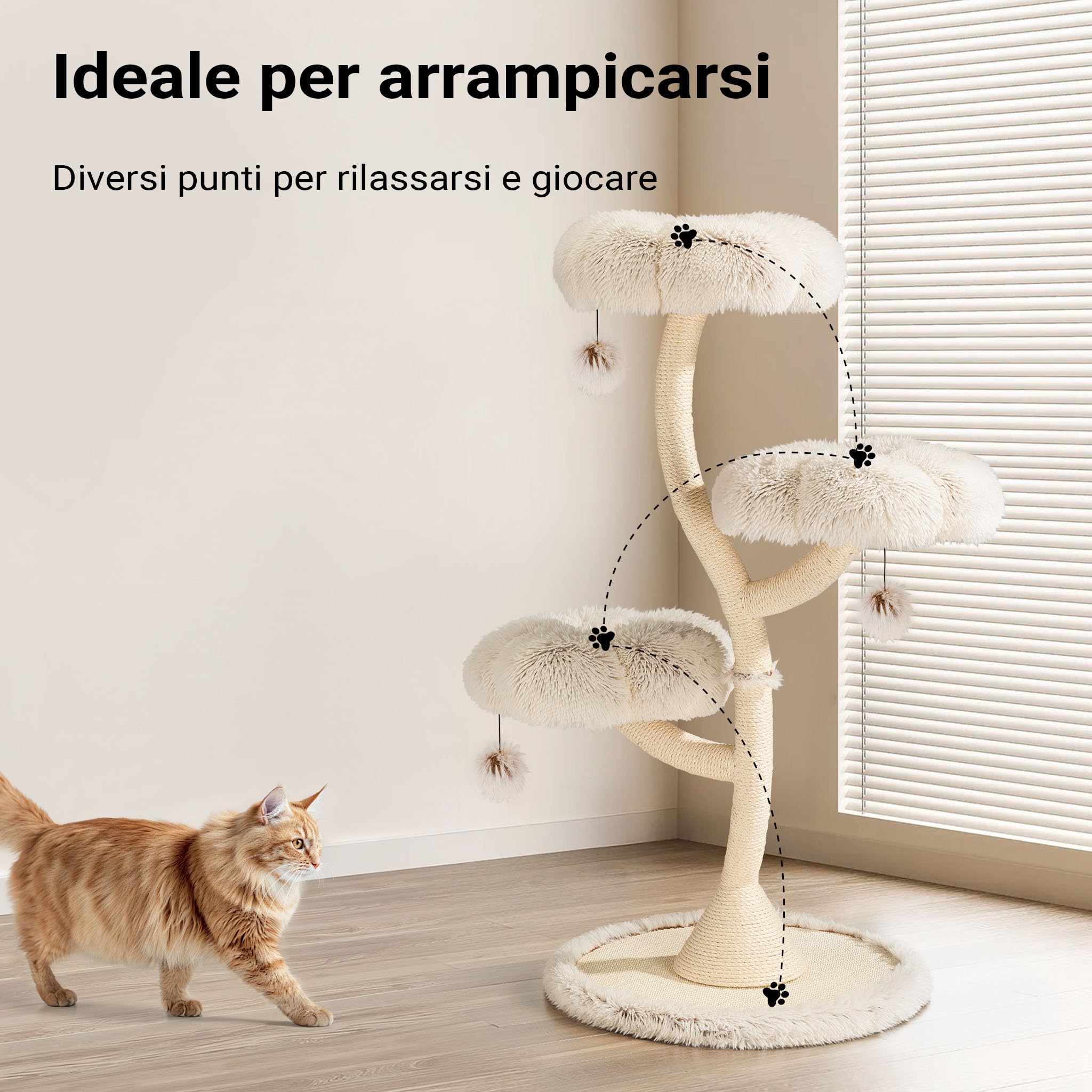 Fudajo Albero Tiragraffi Gatti 125 cm Beige 3 Piattaforme