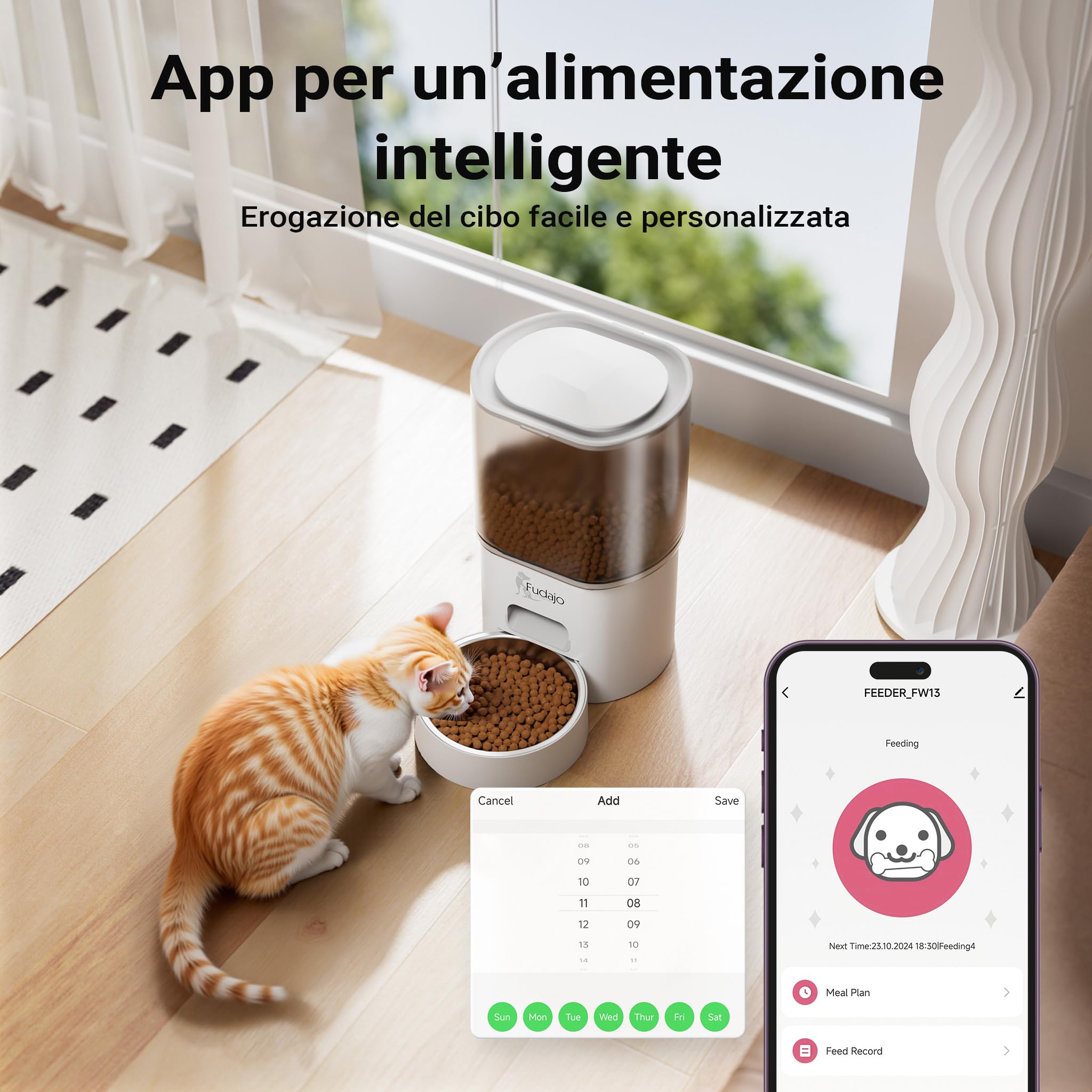 Fudajo Distributore Automatico Cibo 3L + Acqua 2,5L Bianco App