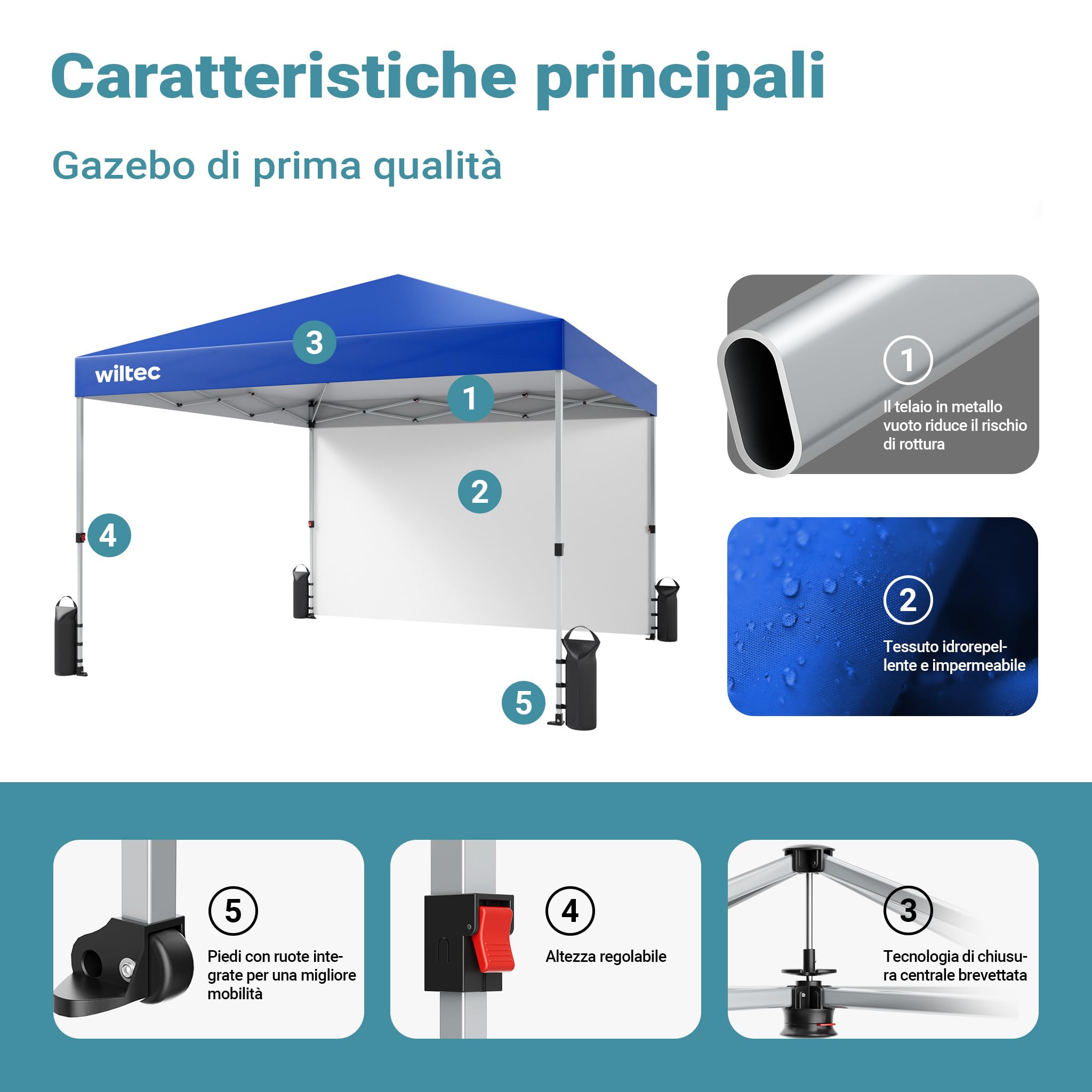 Wiltec Gazebo Pieghevole Blu 3x3m Telo 600D UV50+