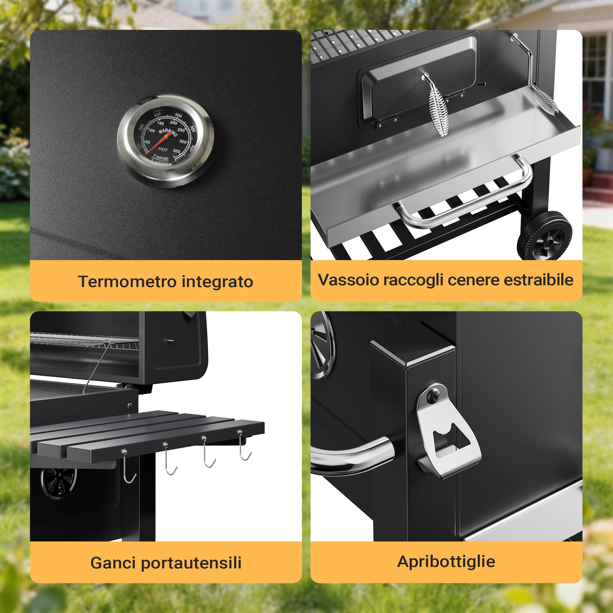 Wiltec Barbecue a Carbone Carrellato con Coperchio Termometro