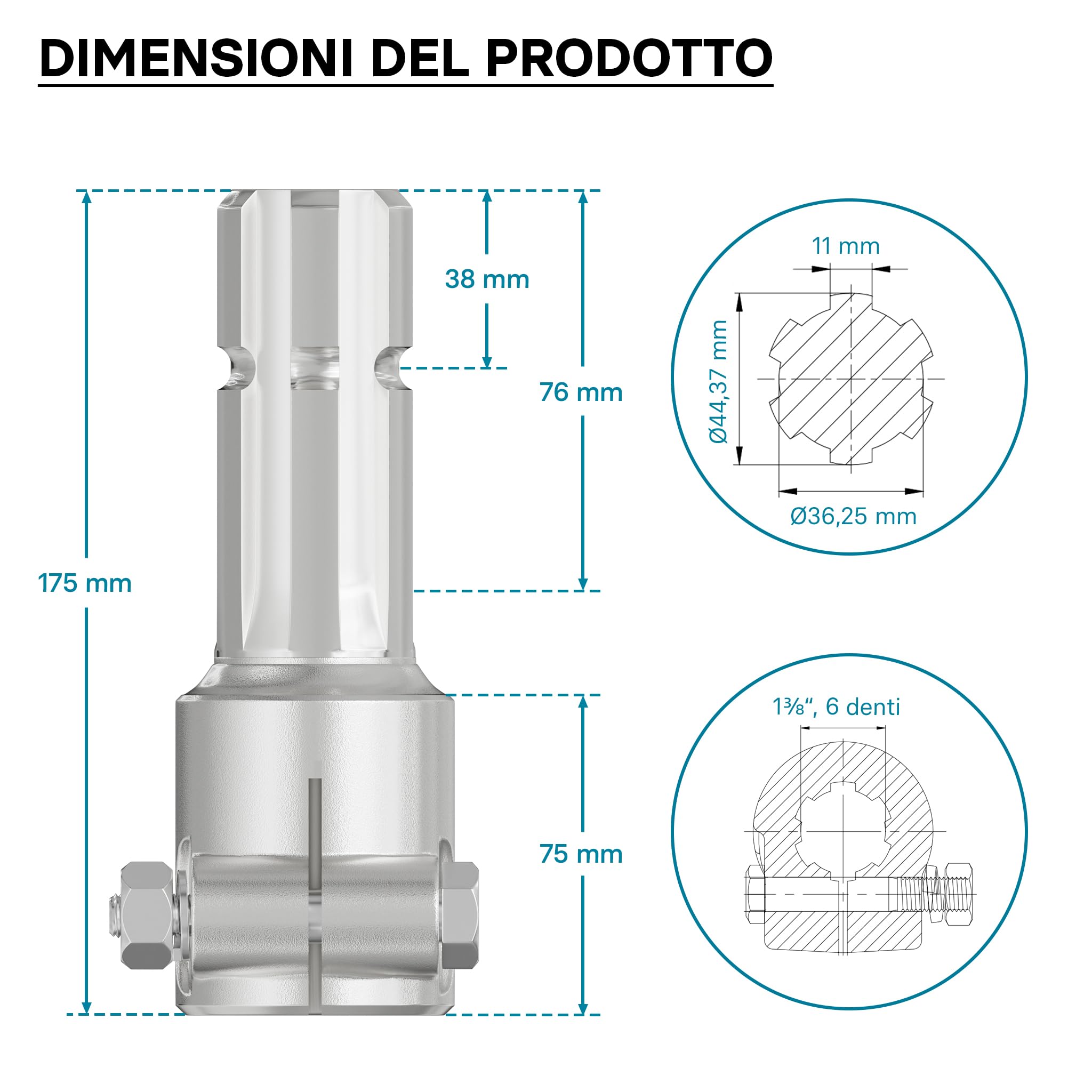 Wiltec Boccola Albero Cardanico 175 mm 6 Denti 1 3/8-1 3/4