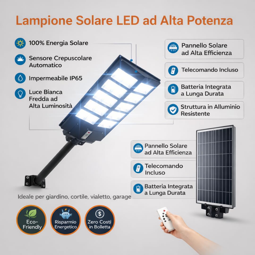 De Rosa Shop lampione solare LED 1200W con telecomando IP65