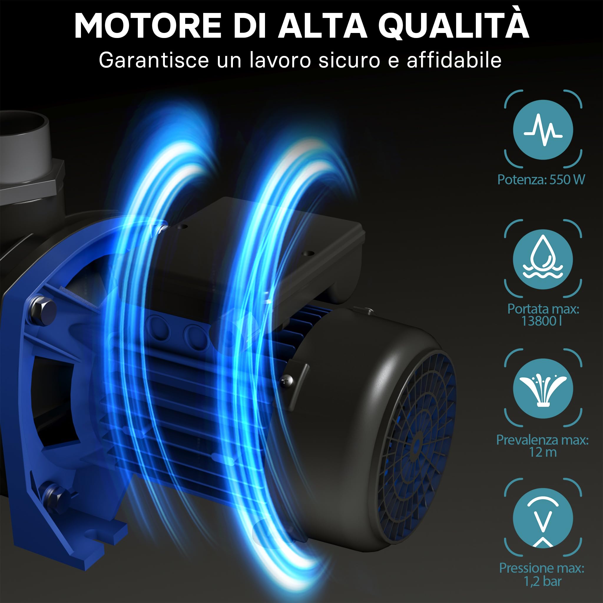 Wiltec Pompa Piscina 13800 l/h 550W con Prefiltro