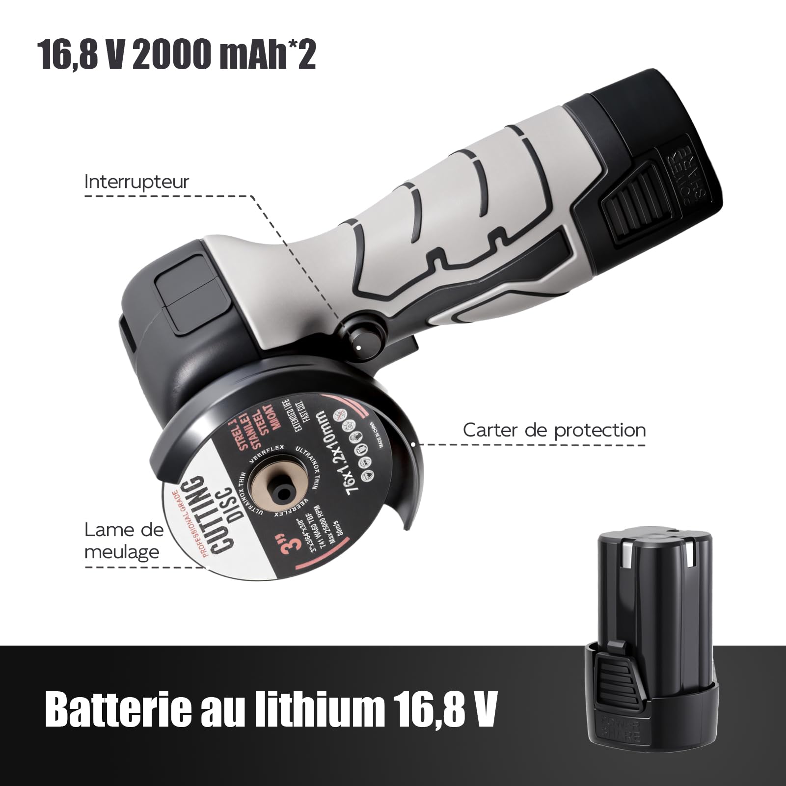 Weytoll Smerigliatrice Angolare Batteria 16,8V 2 Batterie