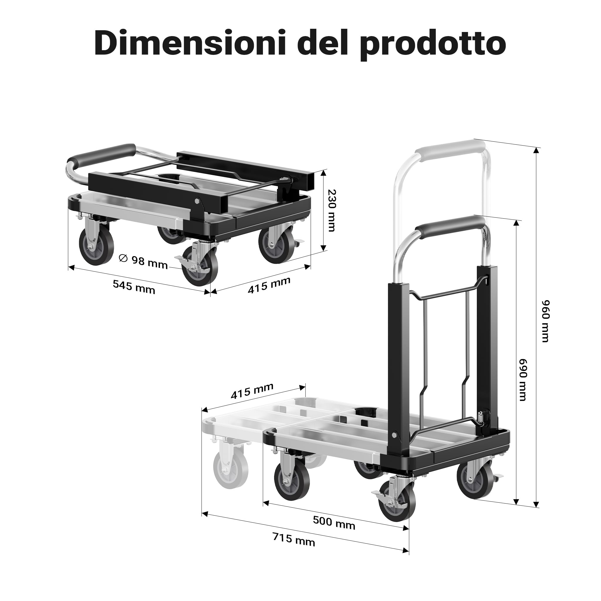 Wiltec XPOtool carrello trasporto pieghevole 150 kg con freno