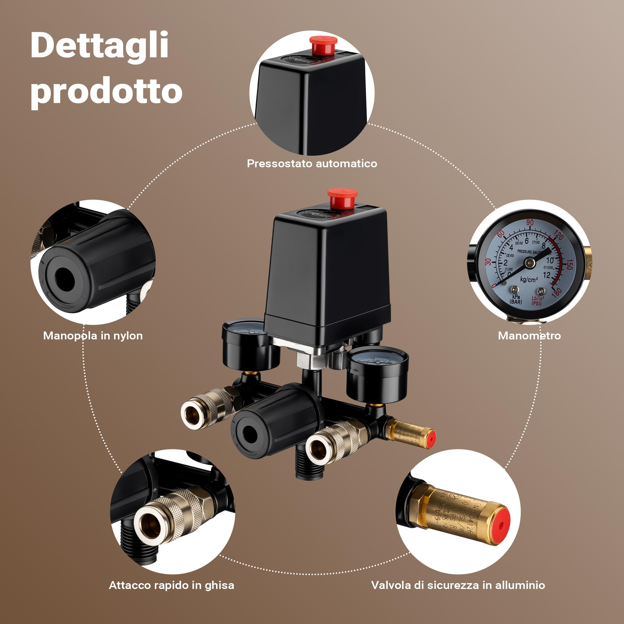 Wiltec regolatore pressione pressostato compressore 8 bar 2 manometri