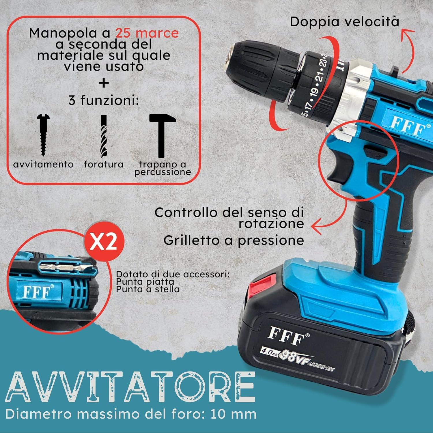 DE ROSA SHOP Kit 3 in 1 trapano smerigliatrice avvitatore impulsi