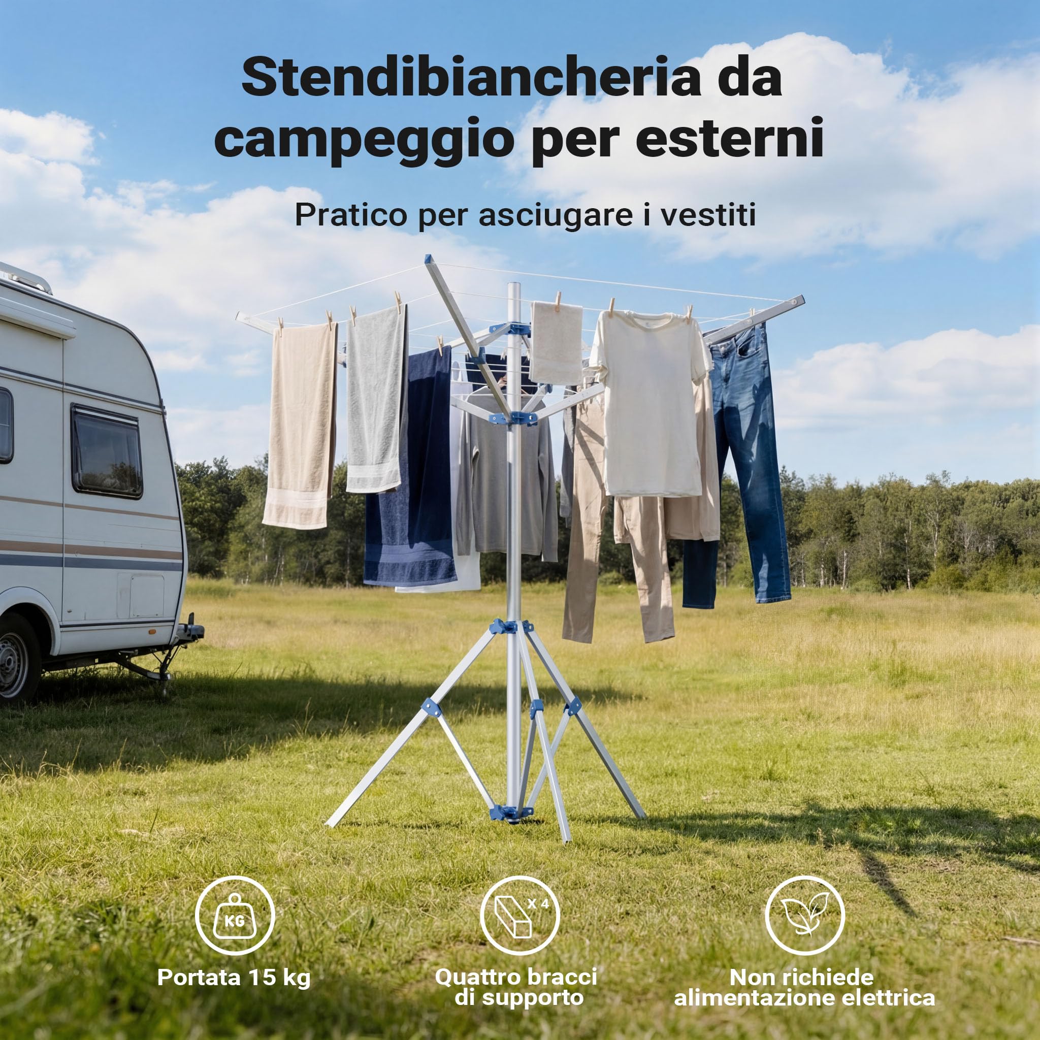 Wiltec Stendibiancheria a Ombrello 16 m alluminio 155 cm