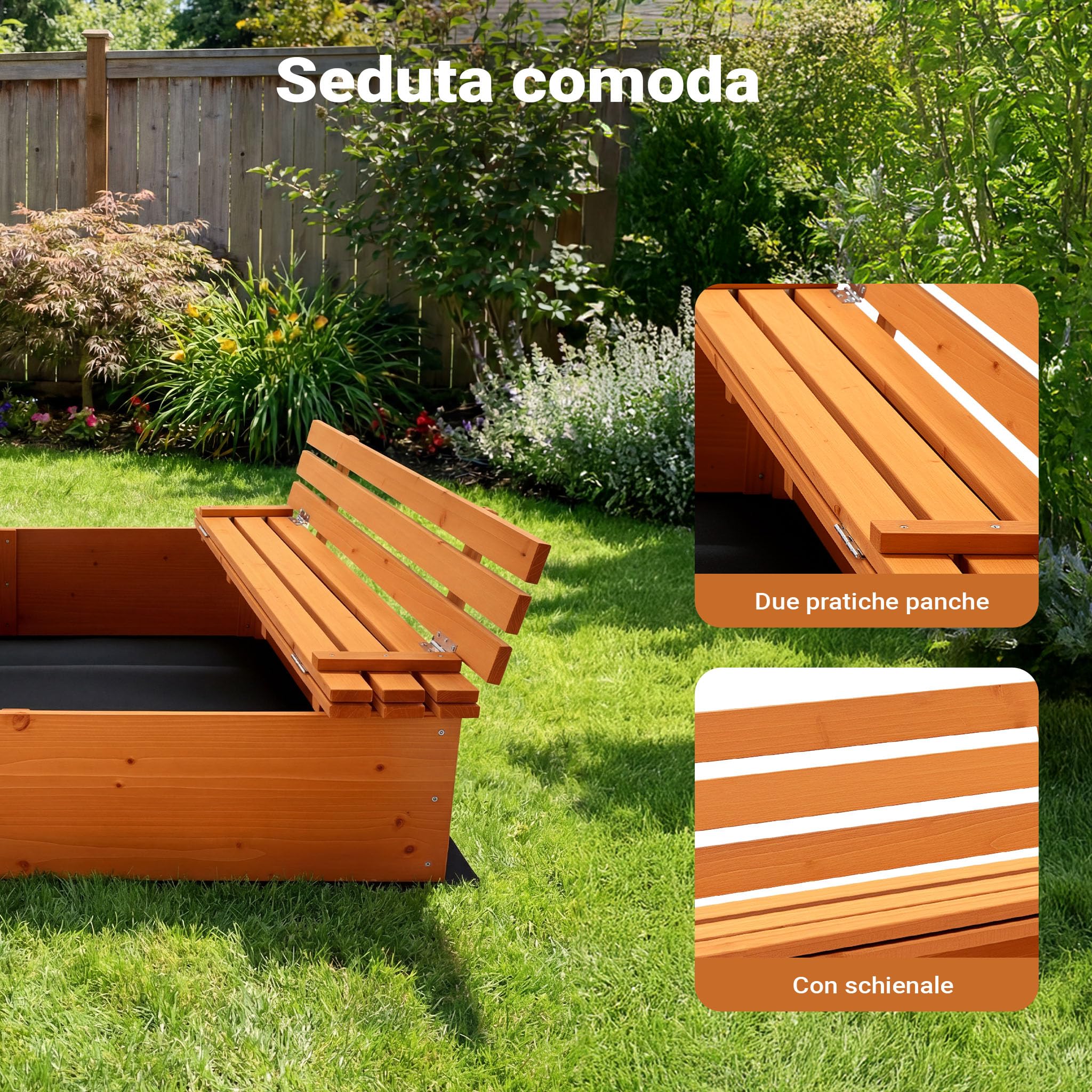 Wiltec Sabbiera 98x98x21 cm legno con panche e coperchio