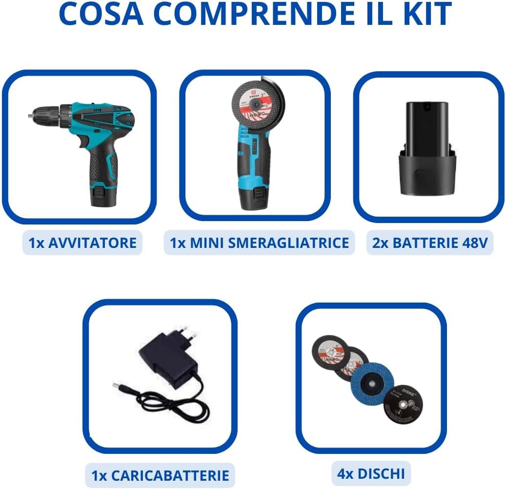 DE ROSA SHOP Set Trapano Smerigliatrice 48V 2 Batterie 4 Dischi