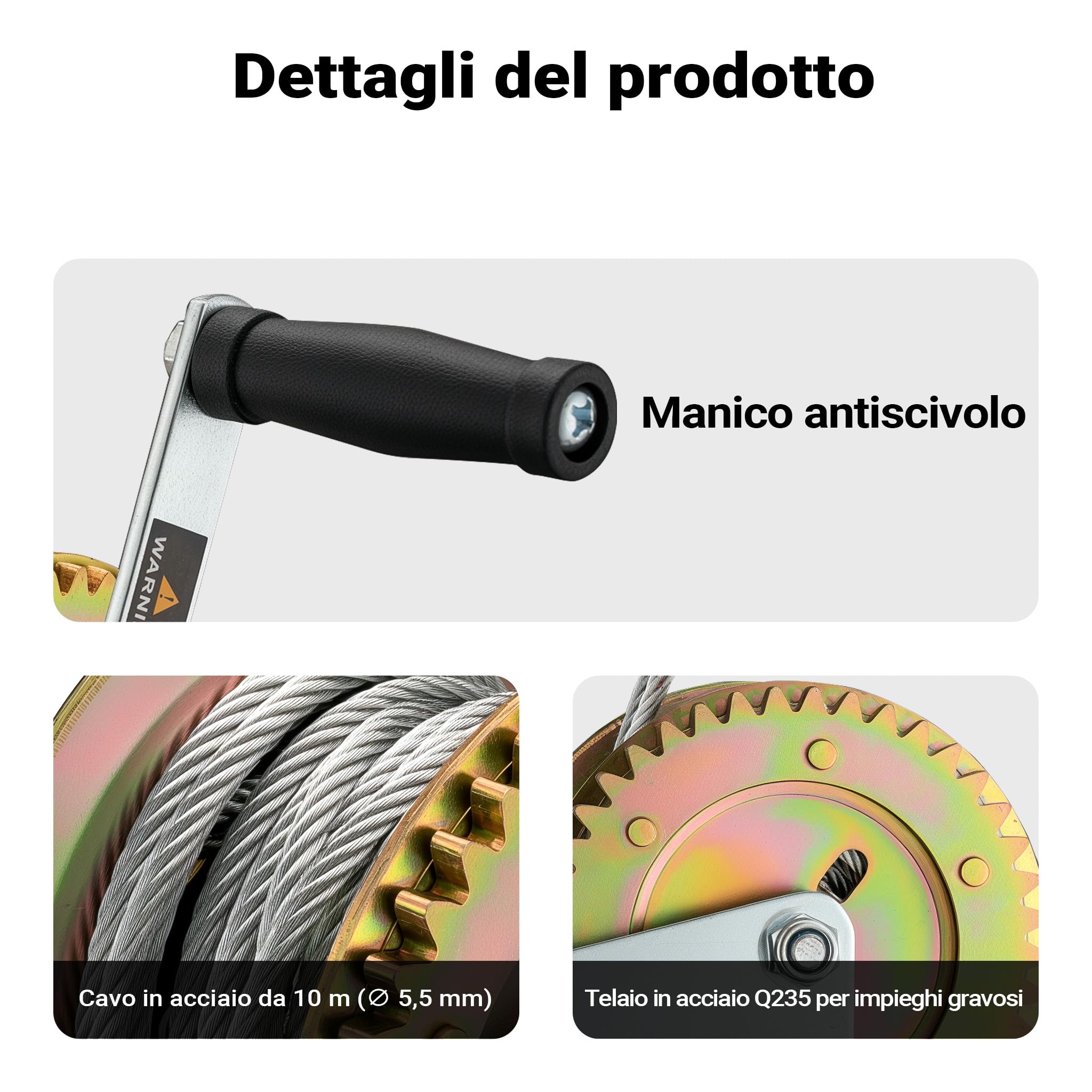 Wiltec Verricello manuale 1100 kg fune 8 m 2 velocità