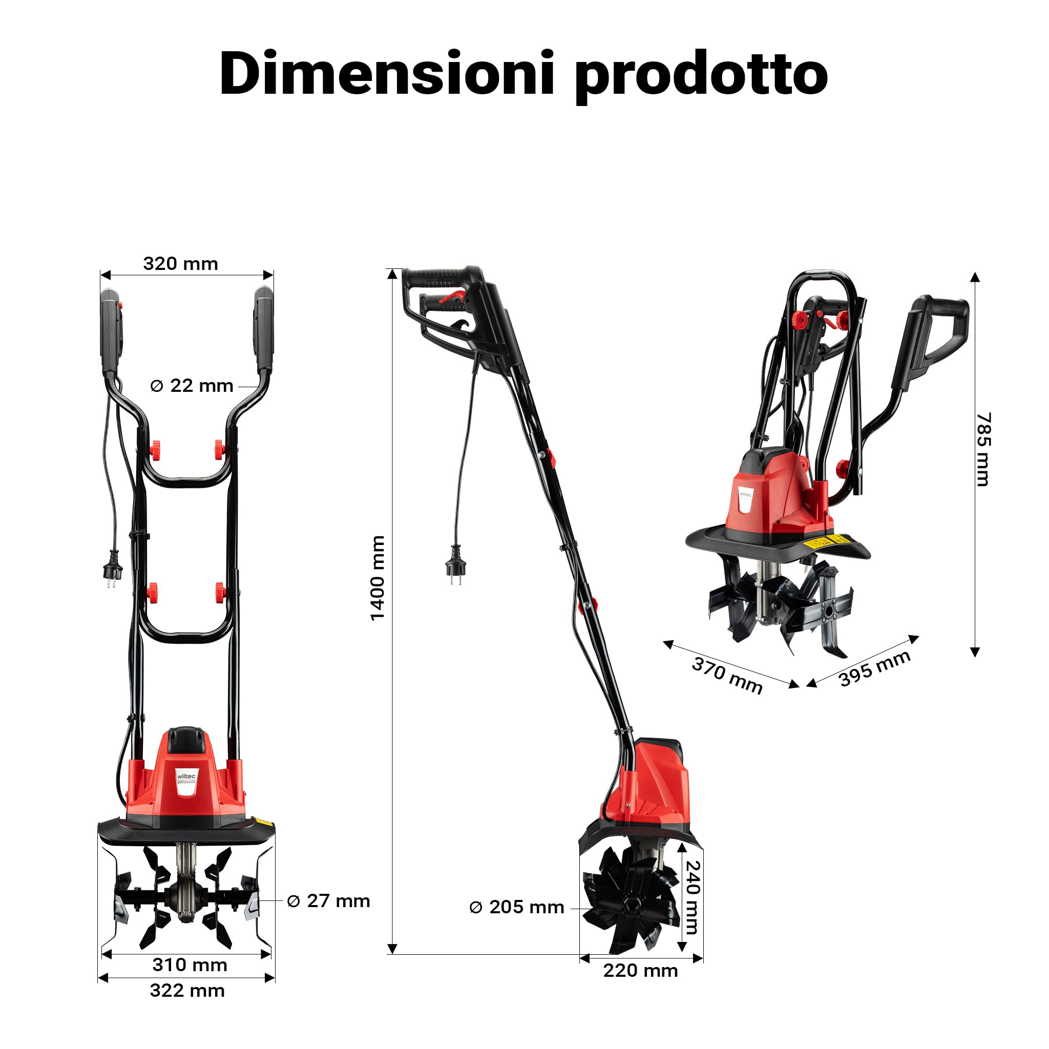 Wiltec motozappa elettrica 1050W 380 giri 16 lame 220 mm