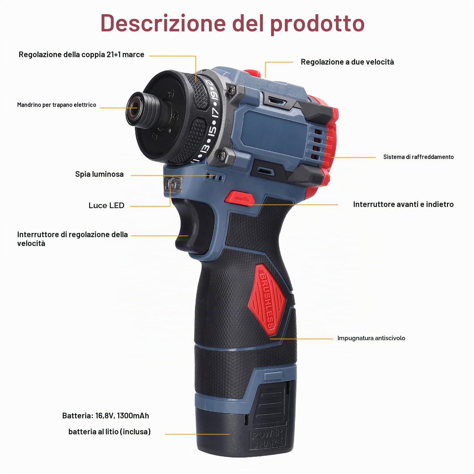 Weytoll 16.8V Trapano Avvitatore Batteria 45Nm 2 Batterie
