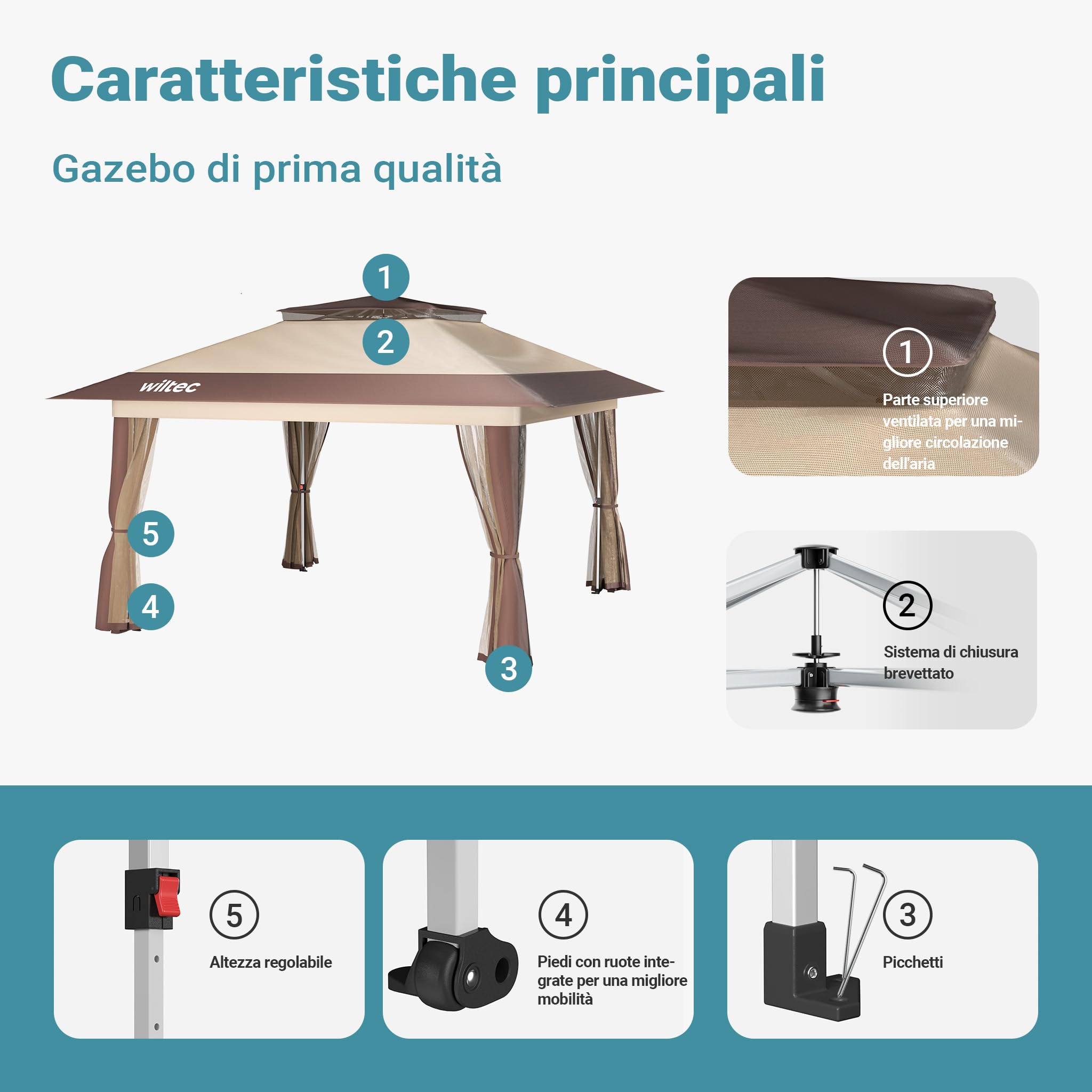 Wiltec gazebo pieghevole beige 4x4 m con zanzariera UV50+