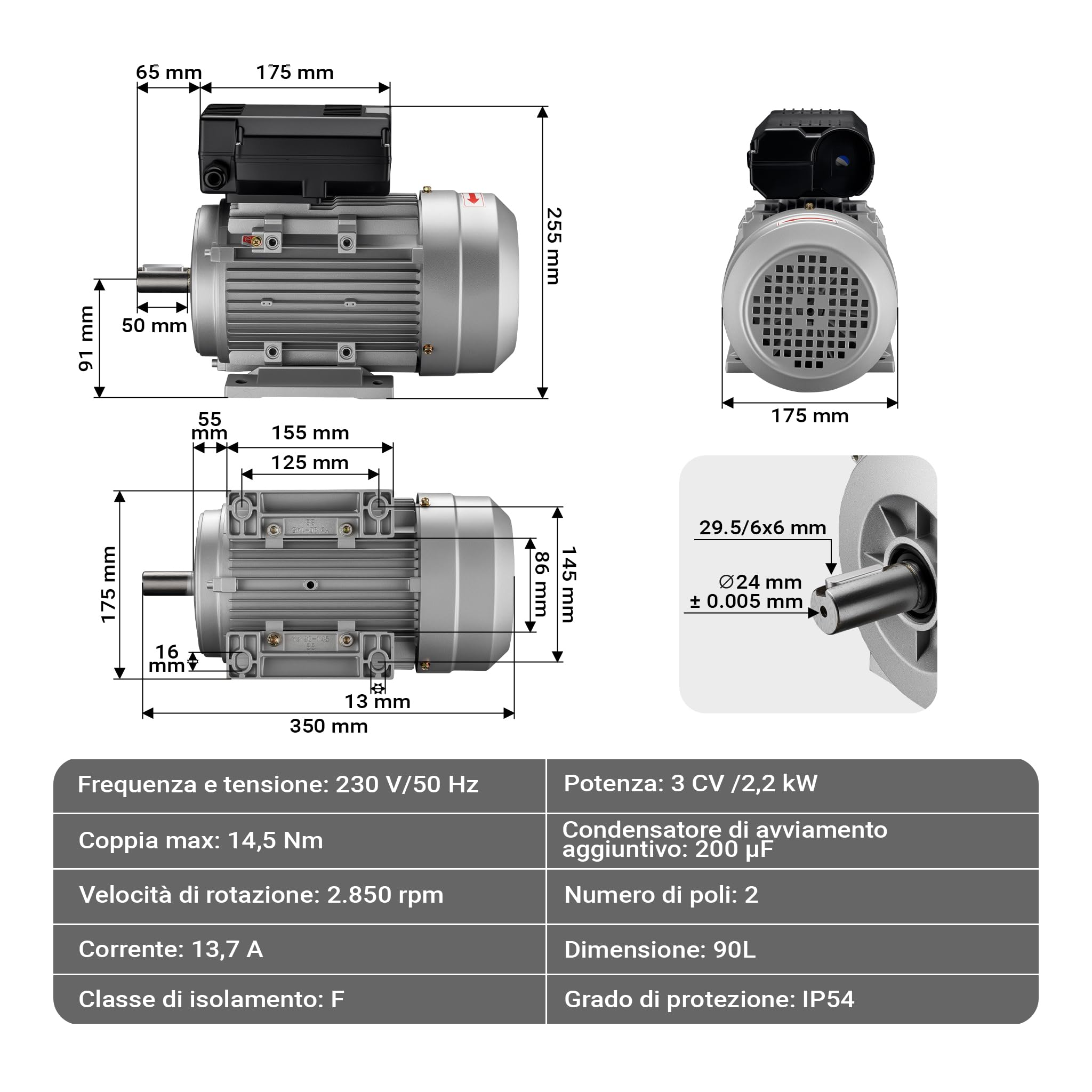 Wiltec Motore Elettrico Monofase 2,2kW 230V Alluminio 2850 giri