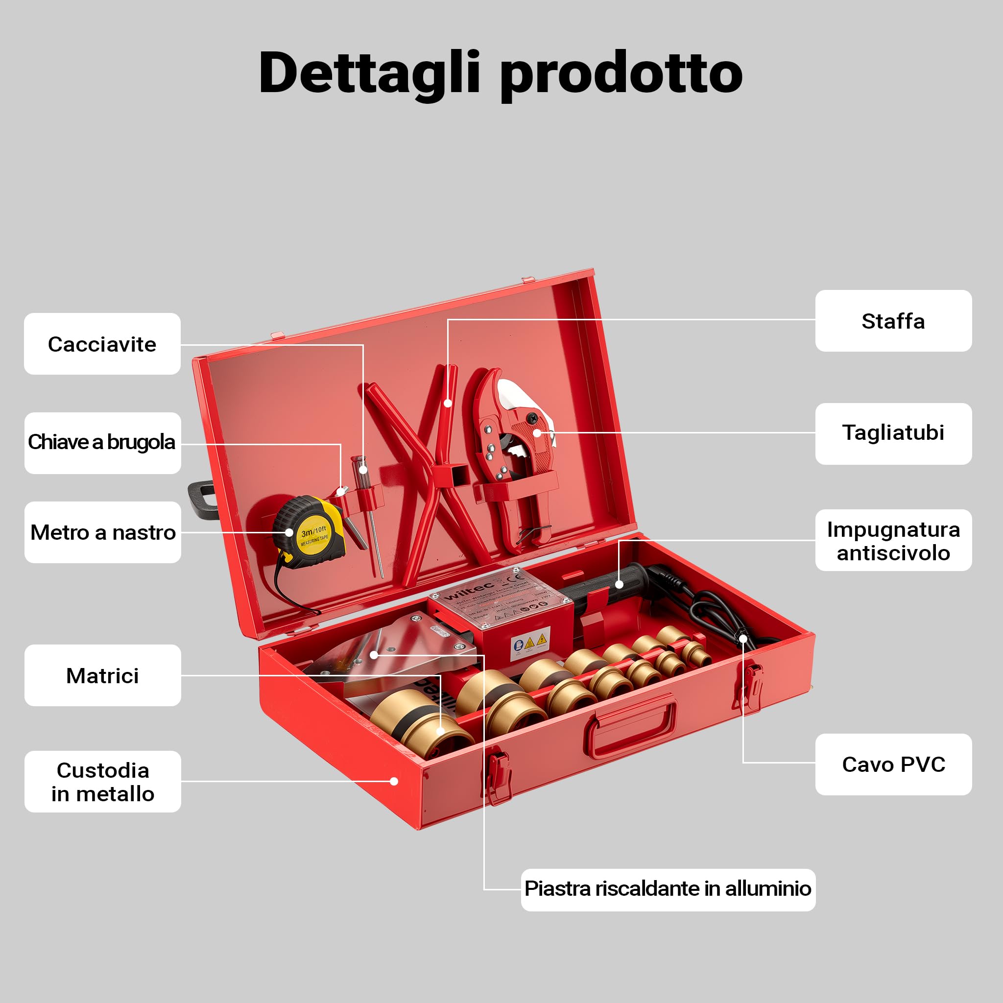 Wiltec Polifusore saldatubi 2000W fino 300°C con matrici