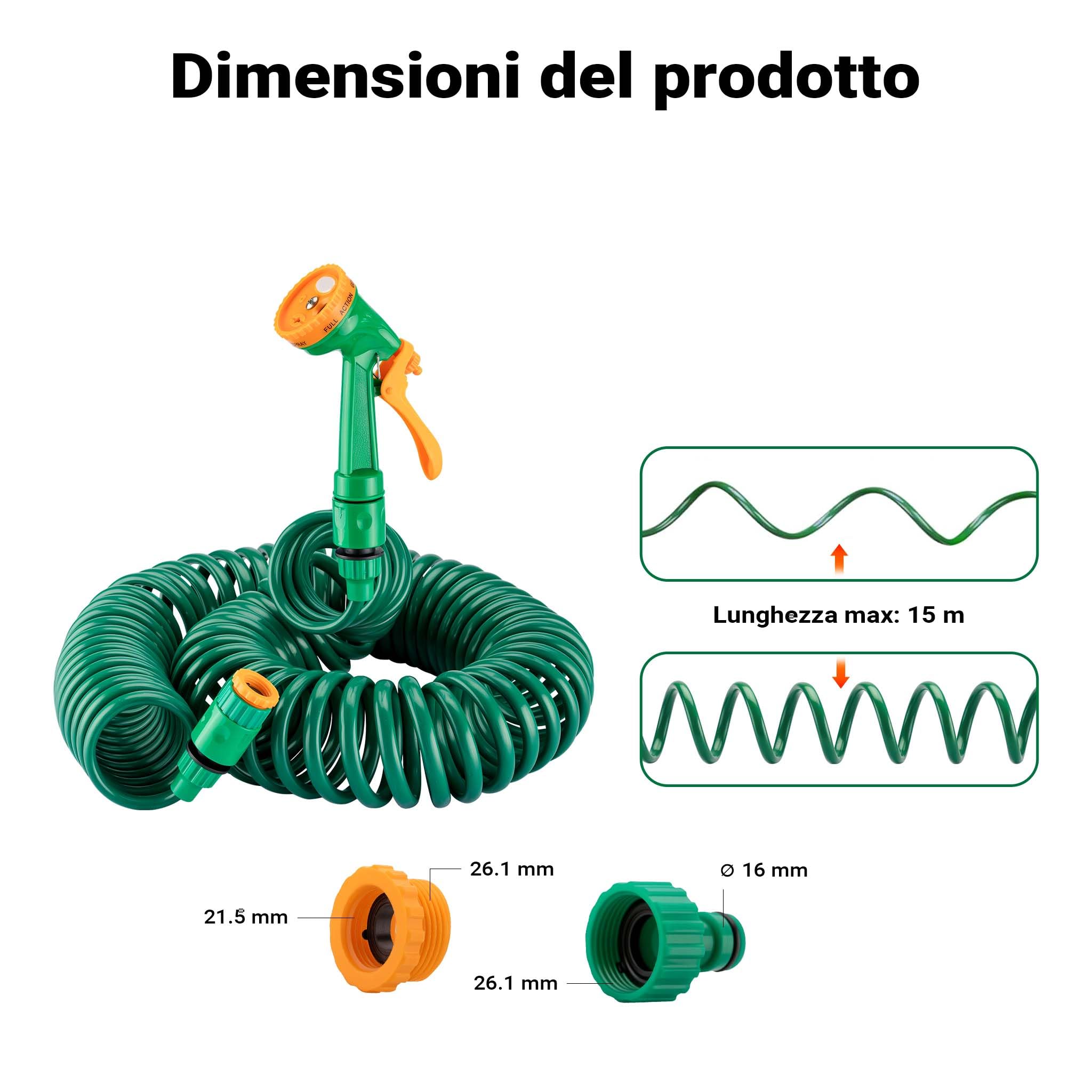 Wiltec tubo a spirale giardino 15 m 1/2-3/4 6 bar