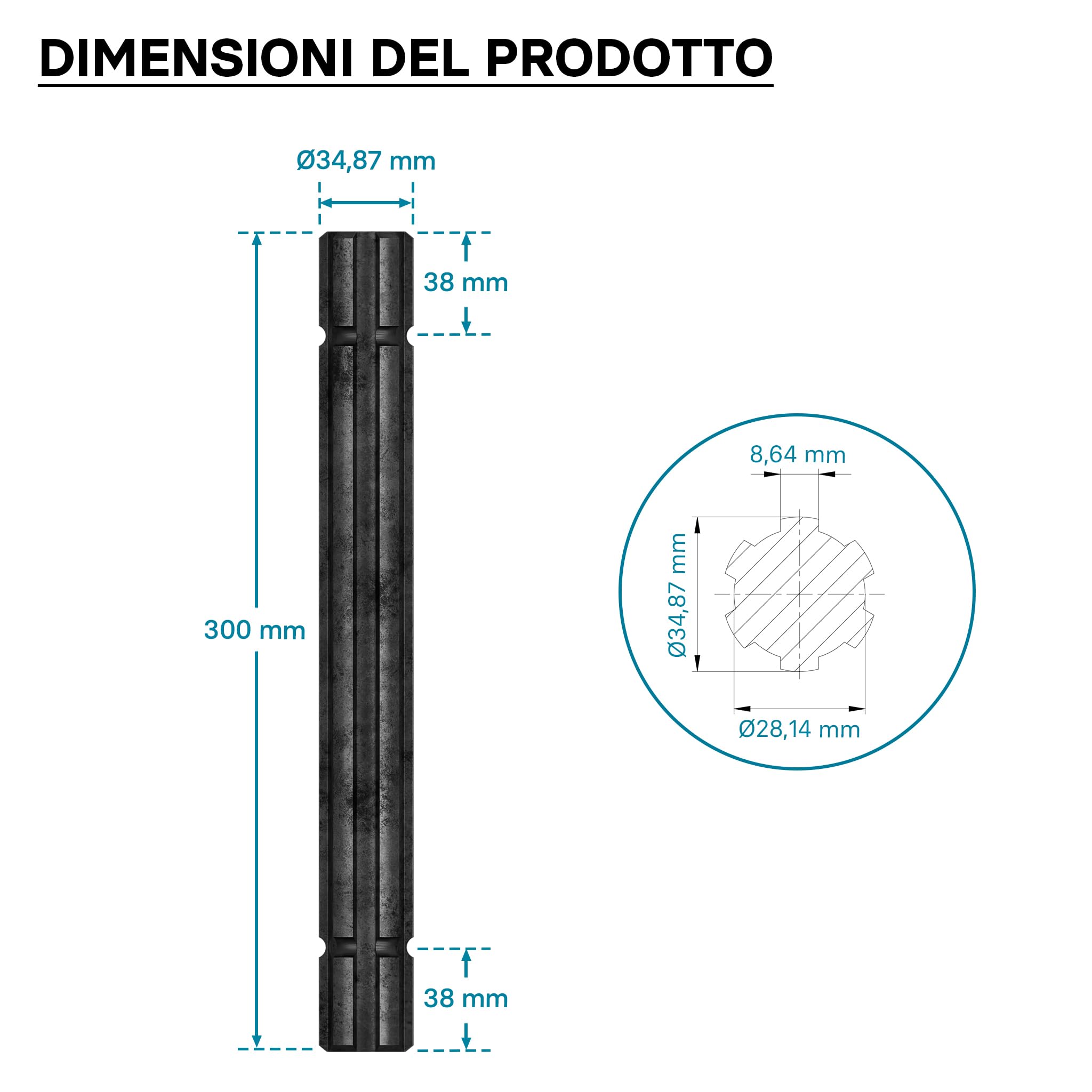 Wiltec BT2 albero cardanico scanalato 300 mm 6 denti
