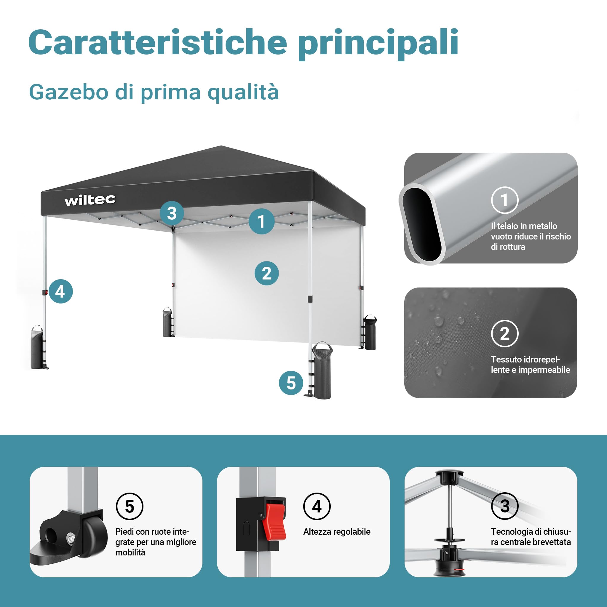 Wiltec gazebo pieghevole 3x3 m grigio con ruote