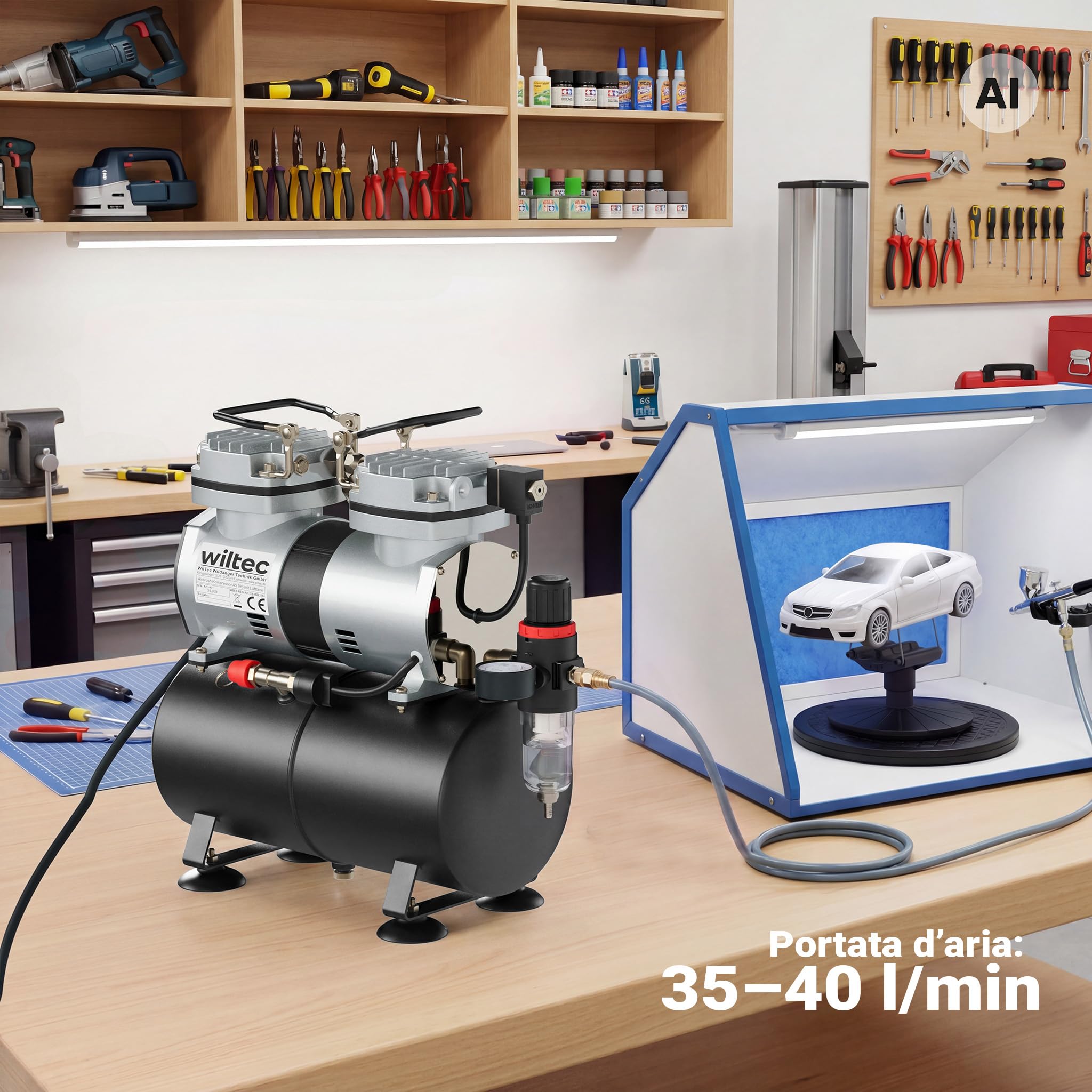 Wiltec AS196 Compressore Aerografo 6 Bar con Serbatoio