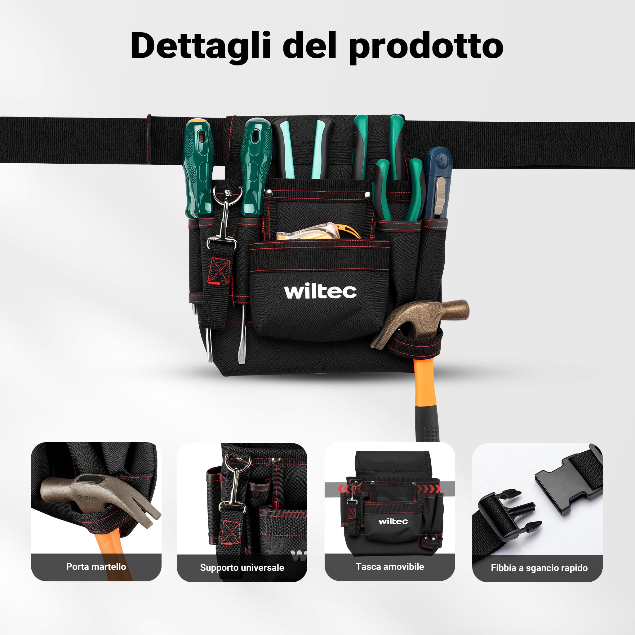 Wiltec marsupio da lavoro 24x28 cm 15 kg 7 tasche poliestere