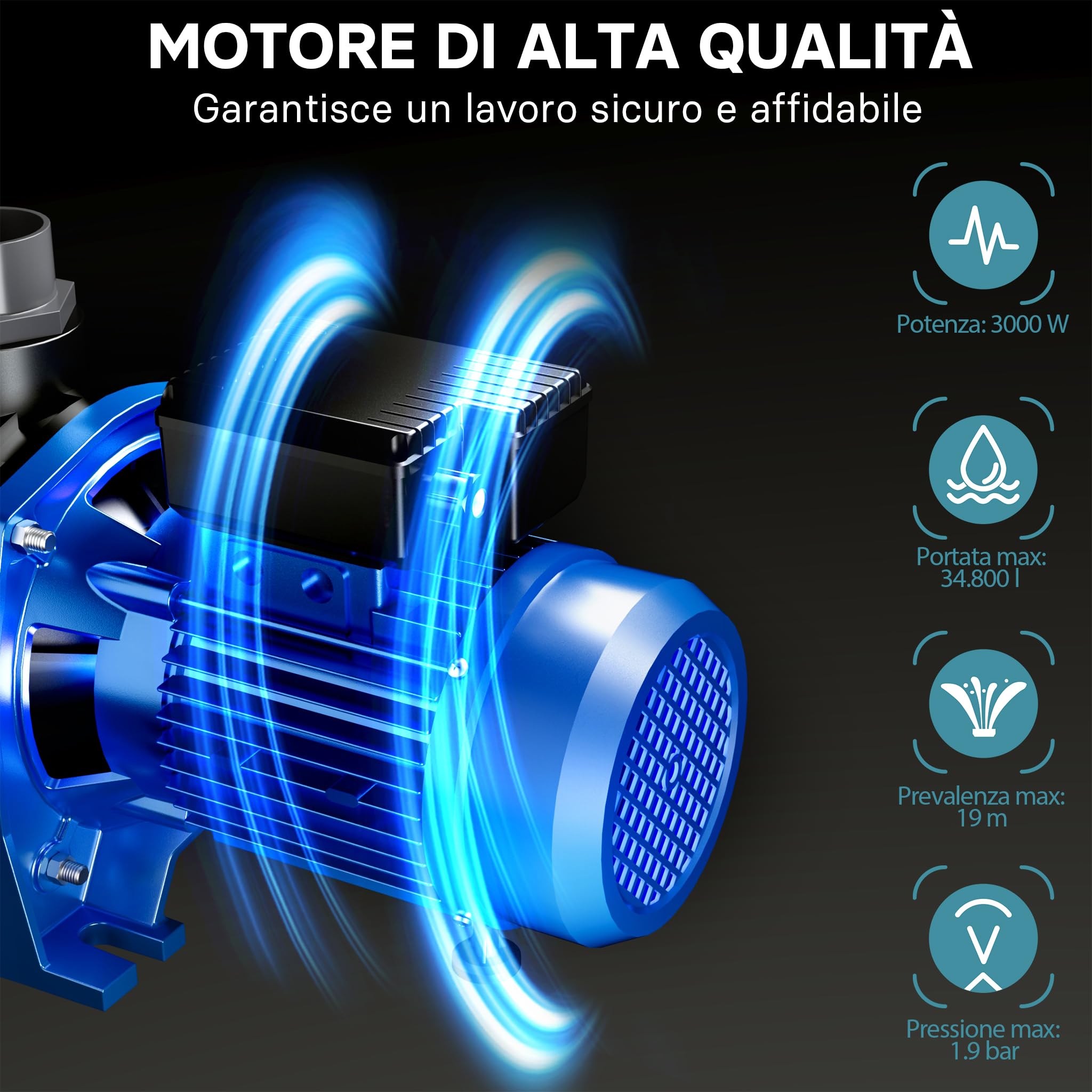 Wiltec Pompa piscina 34800 l/h 3000W con filtro