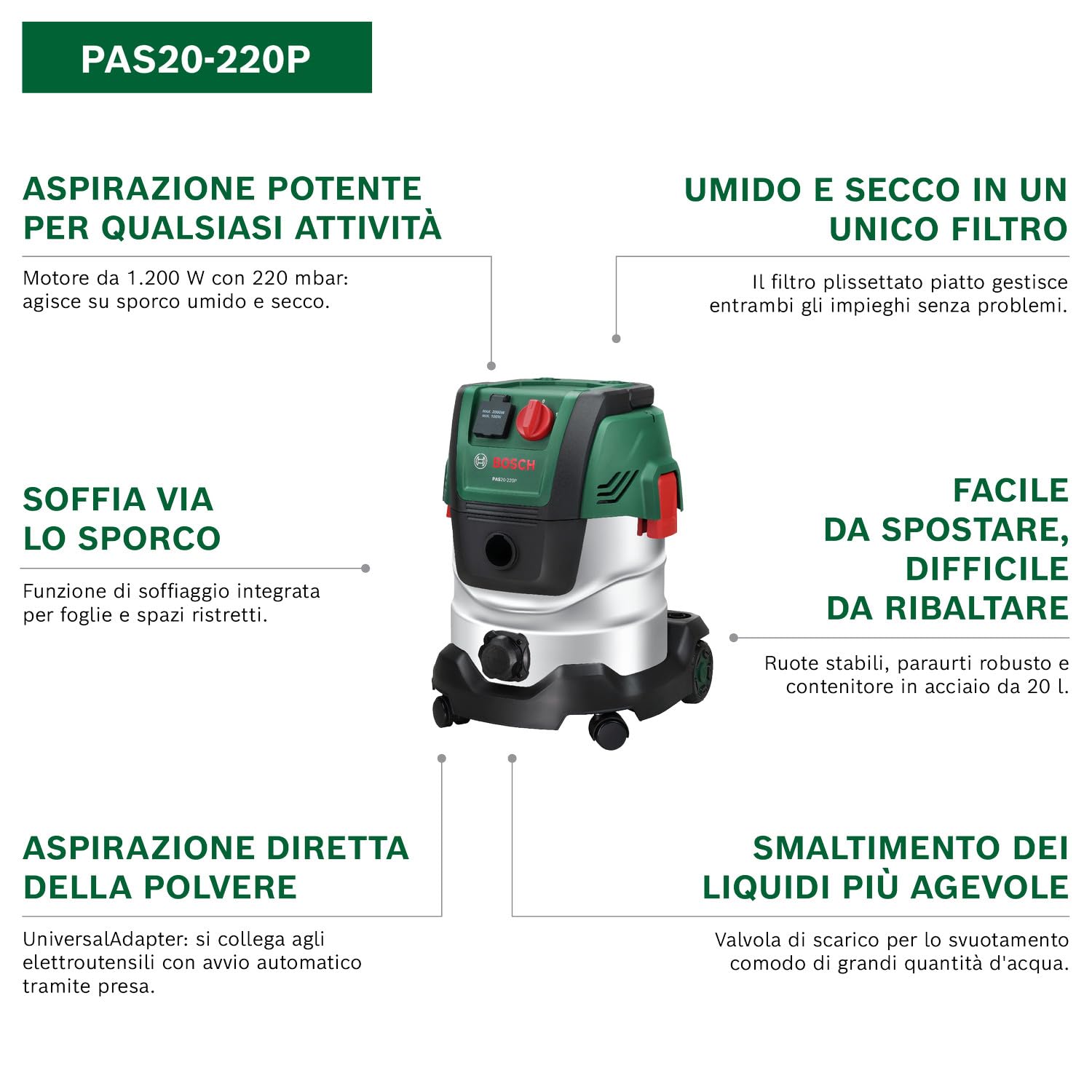 Bosch PAS20-220P aspiratore solidi-liquidi 20L 1200W 220mbar
