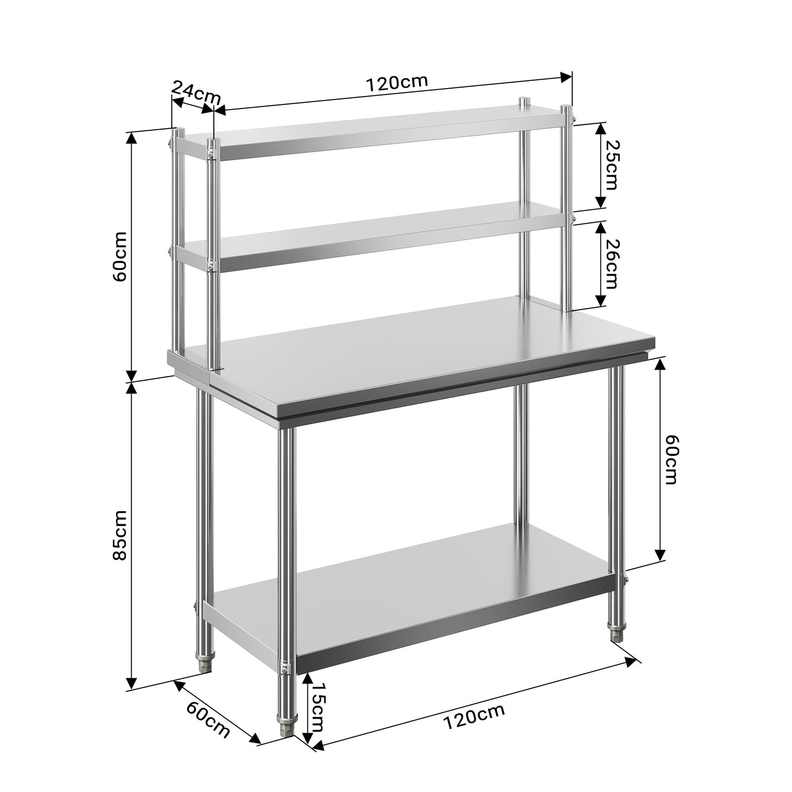 Wiltec Tavolo Lavoro Acciaio Inox 120x60x145 cm 2 Ripiani