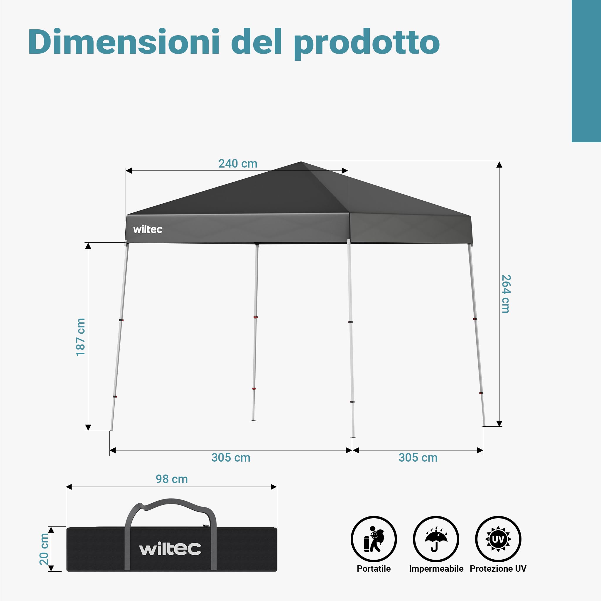 Wiltec gazebo pieghevole grigio 2,5x2,5 m tetto UV50+