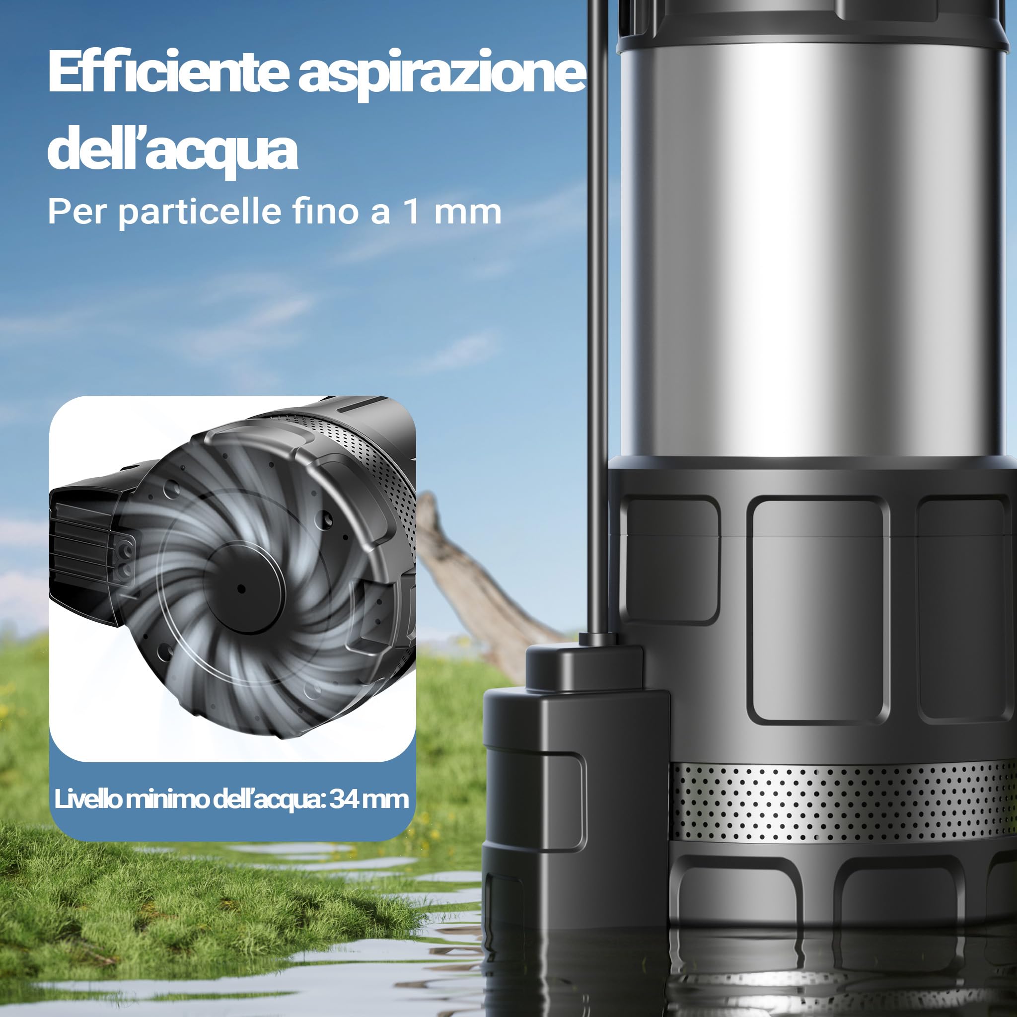 Wiltec Pompa Sommersa 1200W 6000l/h Nero+Acciaio Pozzi Cisterne