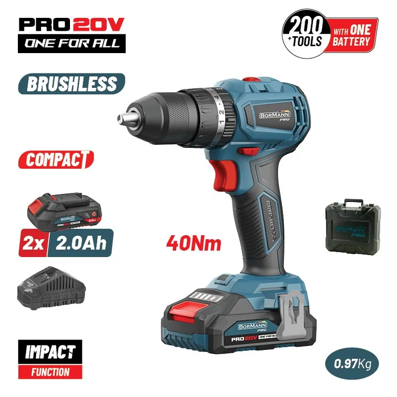 Bormann trapano battente brushless 20V 40Nm 2x2Ah
