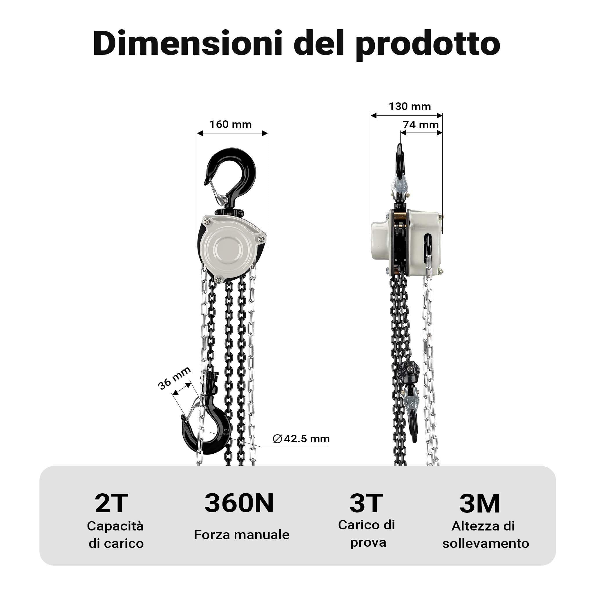 Wiltec V21-2 Paranco a Catena Manuale 2 T 3 M G80