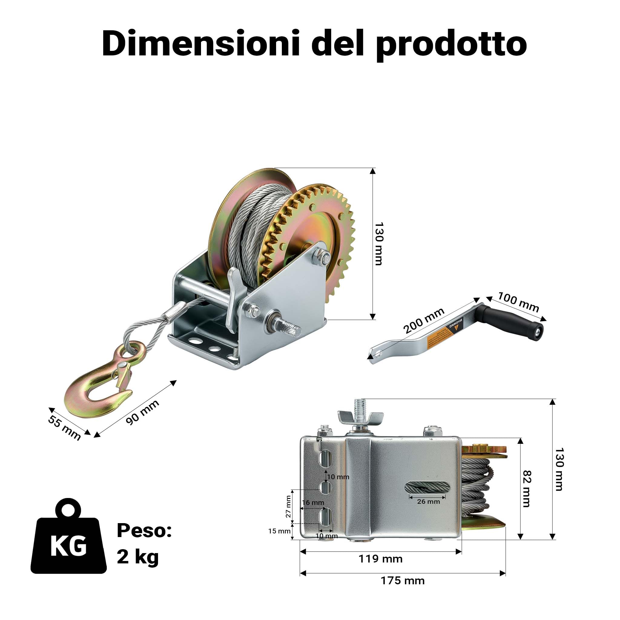Wiltec Verricello manuale 350 kg fune 10 m argano
