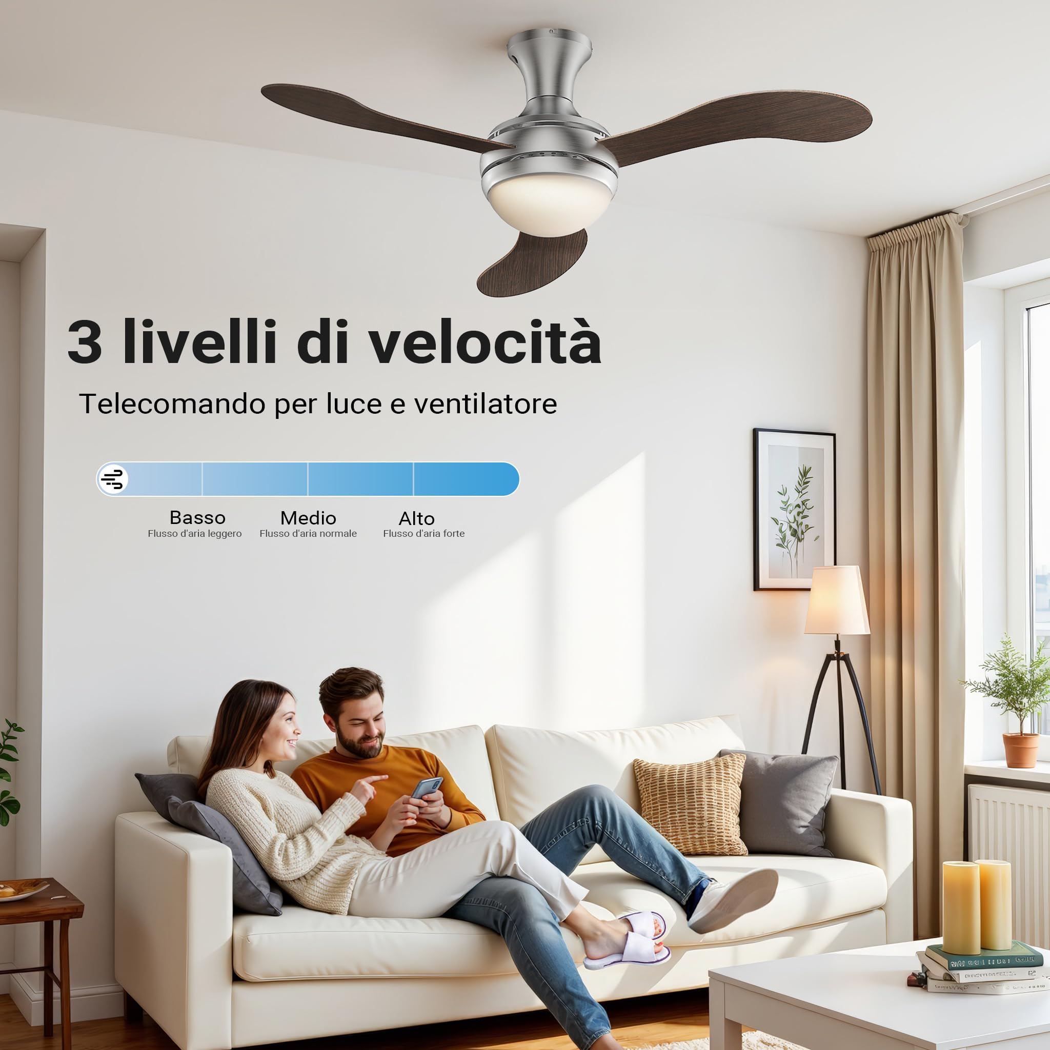 Wiltec Ventilatore da soffitto 130 cm 55W 3 pale con luce