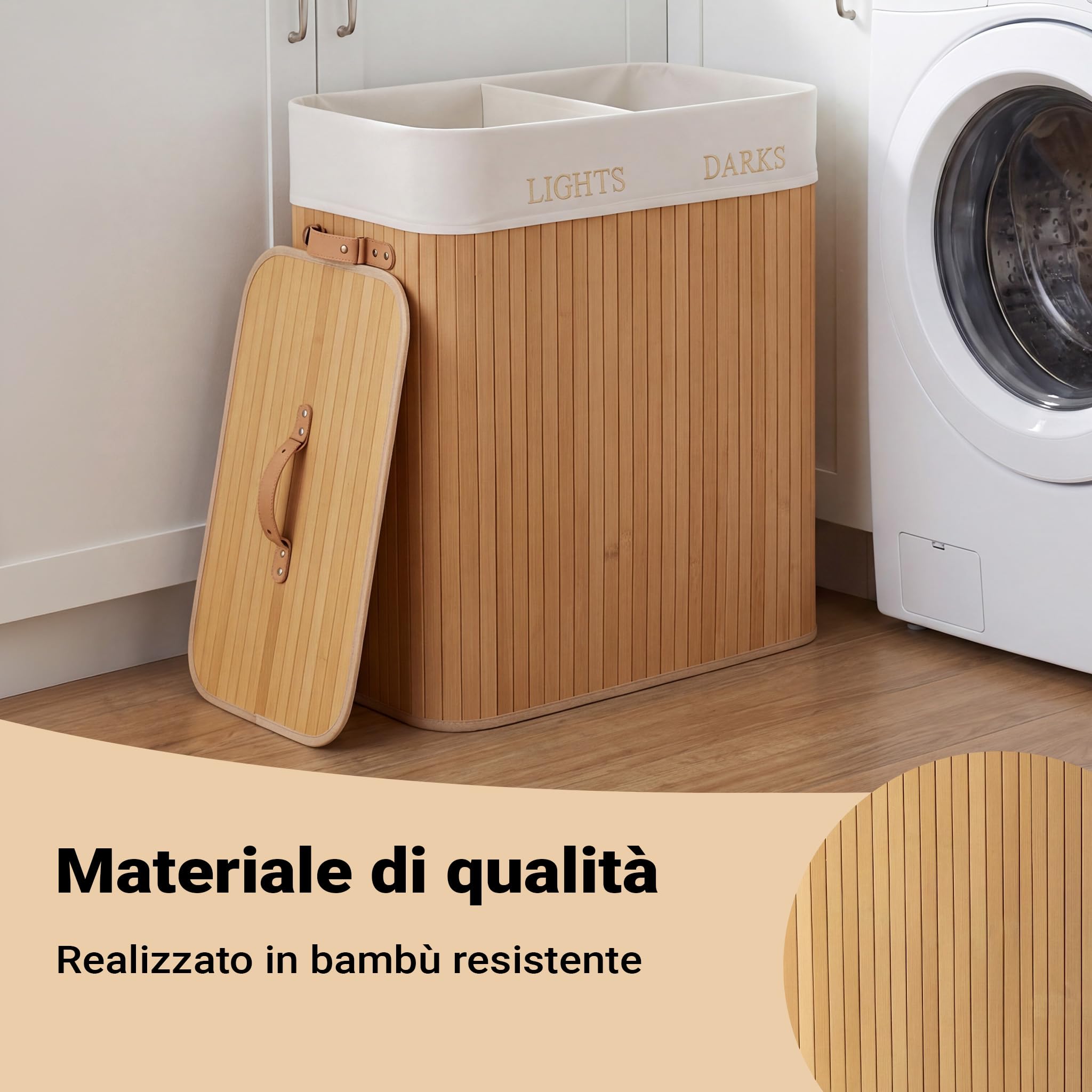 Wiltec Cesto Portabiancheria Bambù 105 L Doppio Scomparto